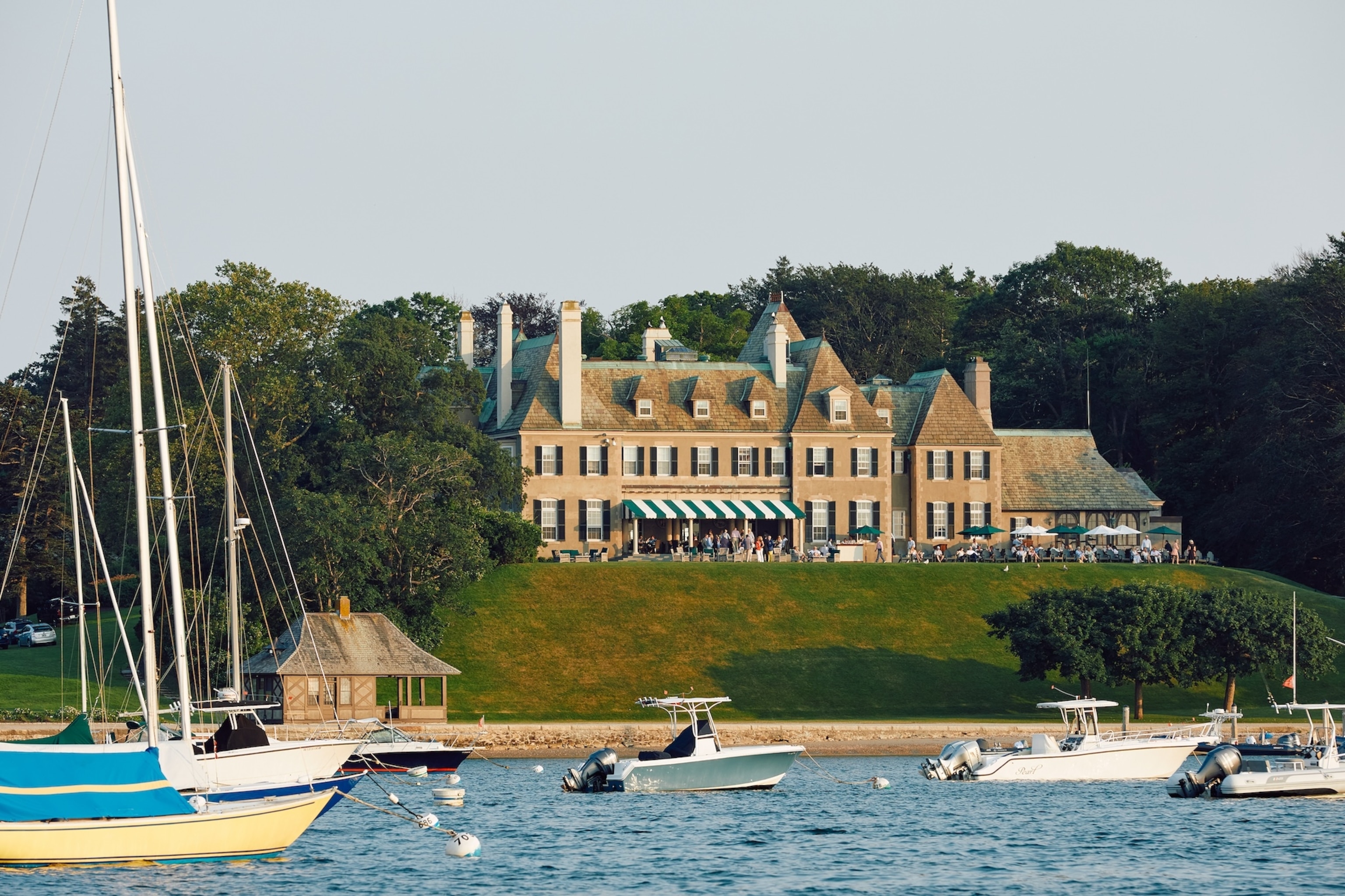 a view of New York Yacht Club Harbour Court from Narragansett Bay