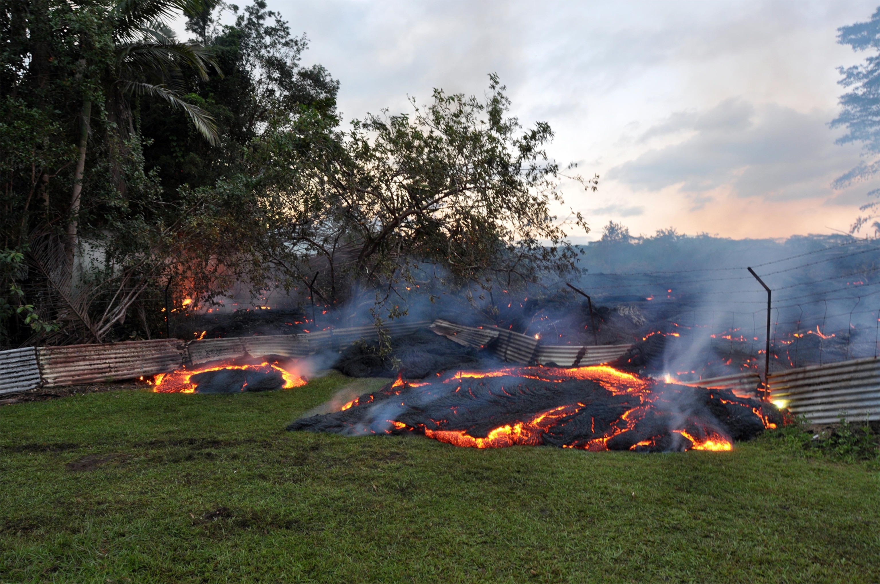 An aerial photo of lava flow from the Kilauea Volcano