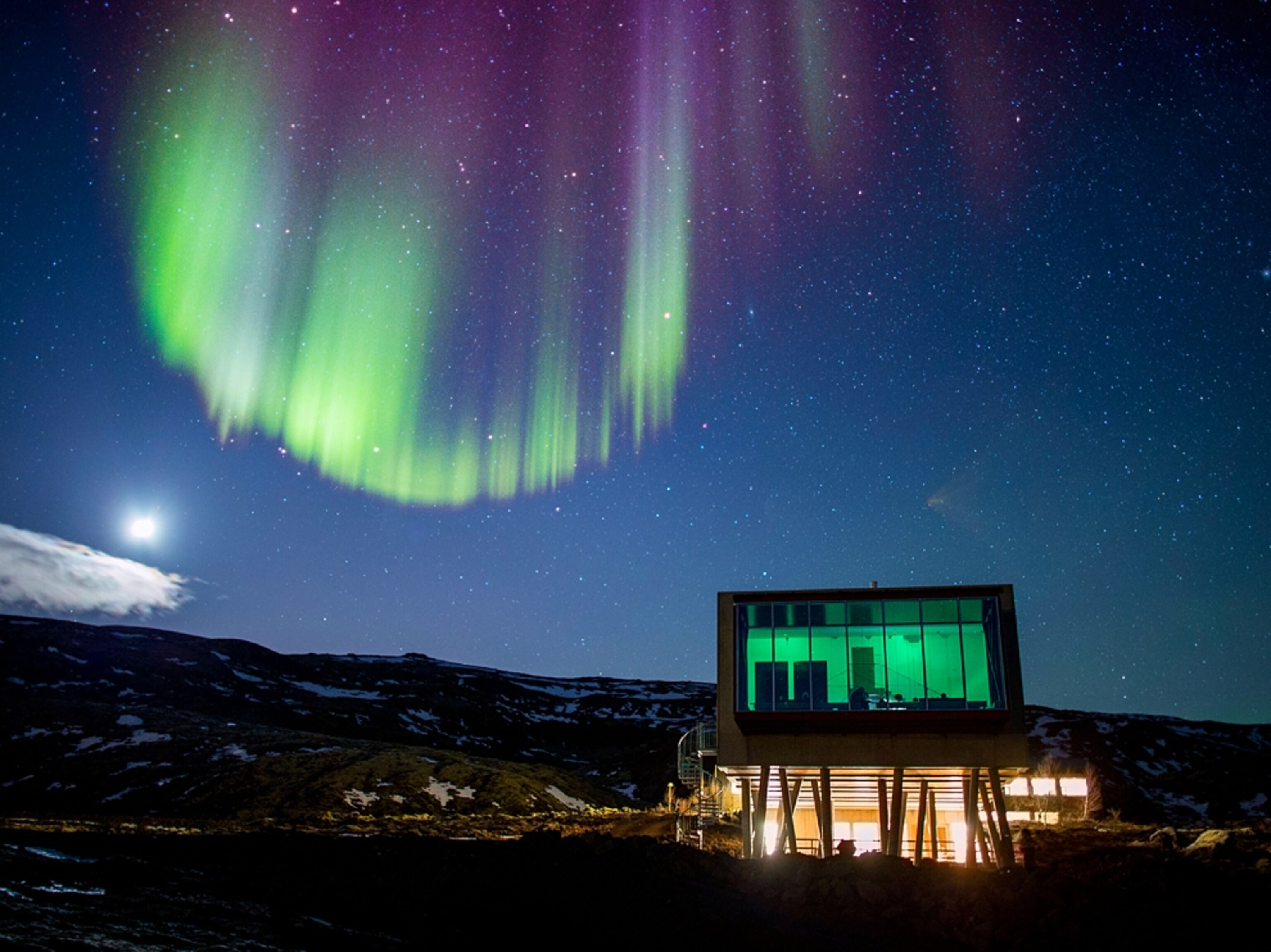 the aurora borealis over Hotel ION in Iceland