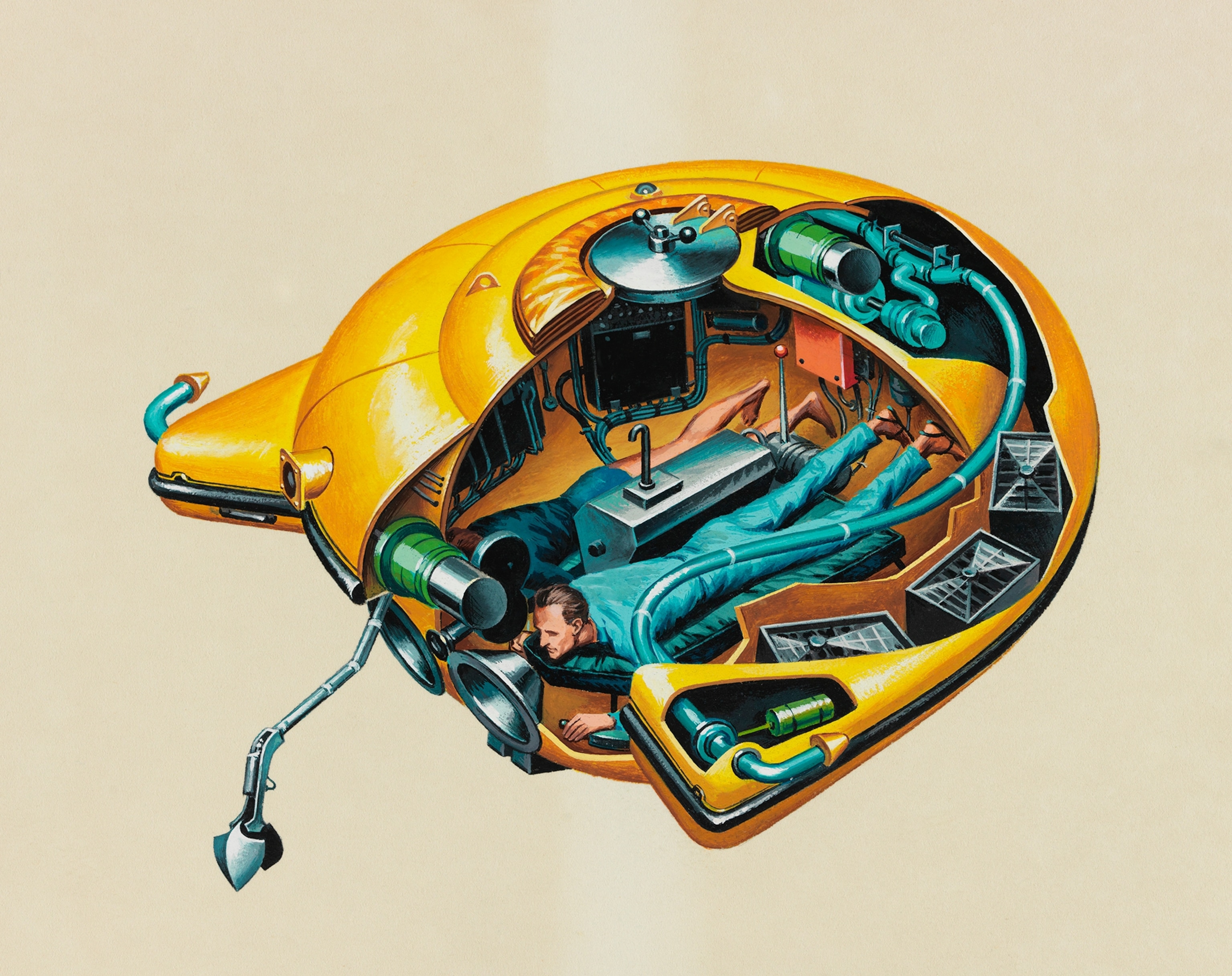 A cutaway illustration depicts divers operating a diving saucer.