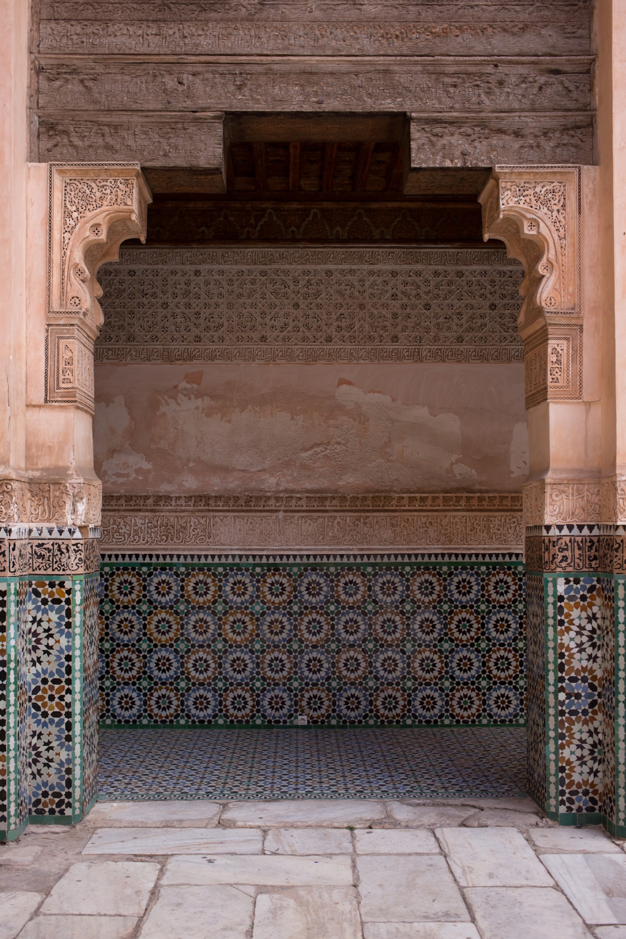 Tile work and architecture at the Ben Youssef Madrasa in Marrakech, Morocco.