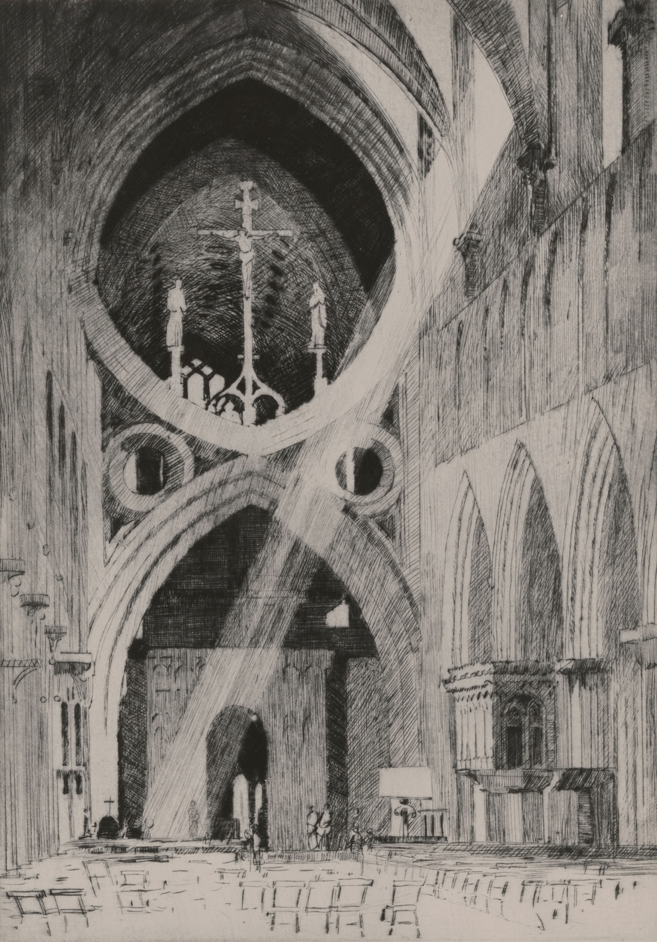 This drawing by Norman Wilkinson depicts the Wells Cathedral.