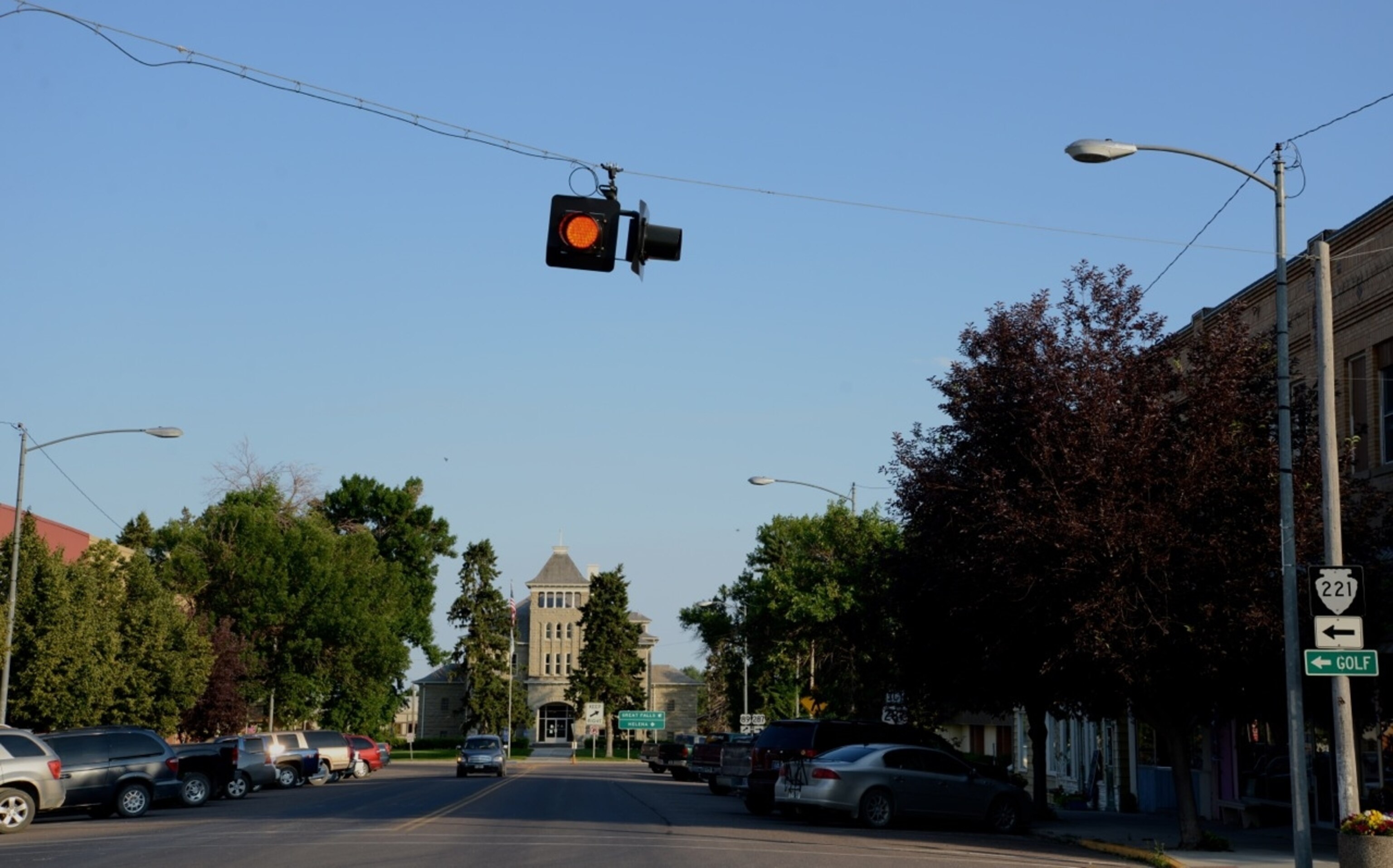 Teton County, Montana boasts only this single blinking red stoplight in the county seat of Choteau. (Photo by Andrew Evans, National Geographic Traveler)