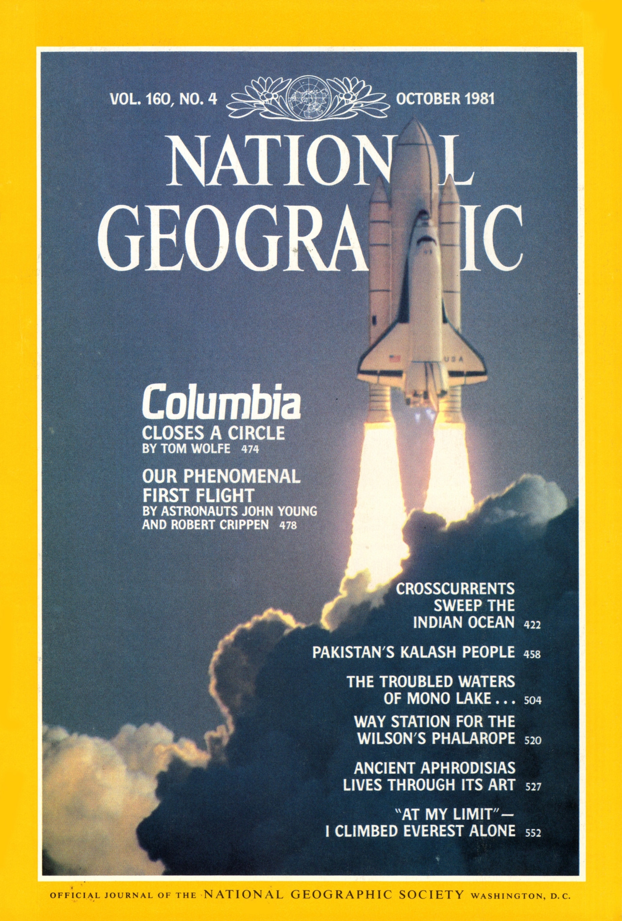 Riding twin columns of fire, Columbia rockets into history on its maiden flight.