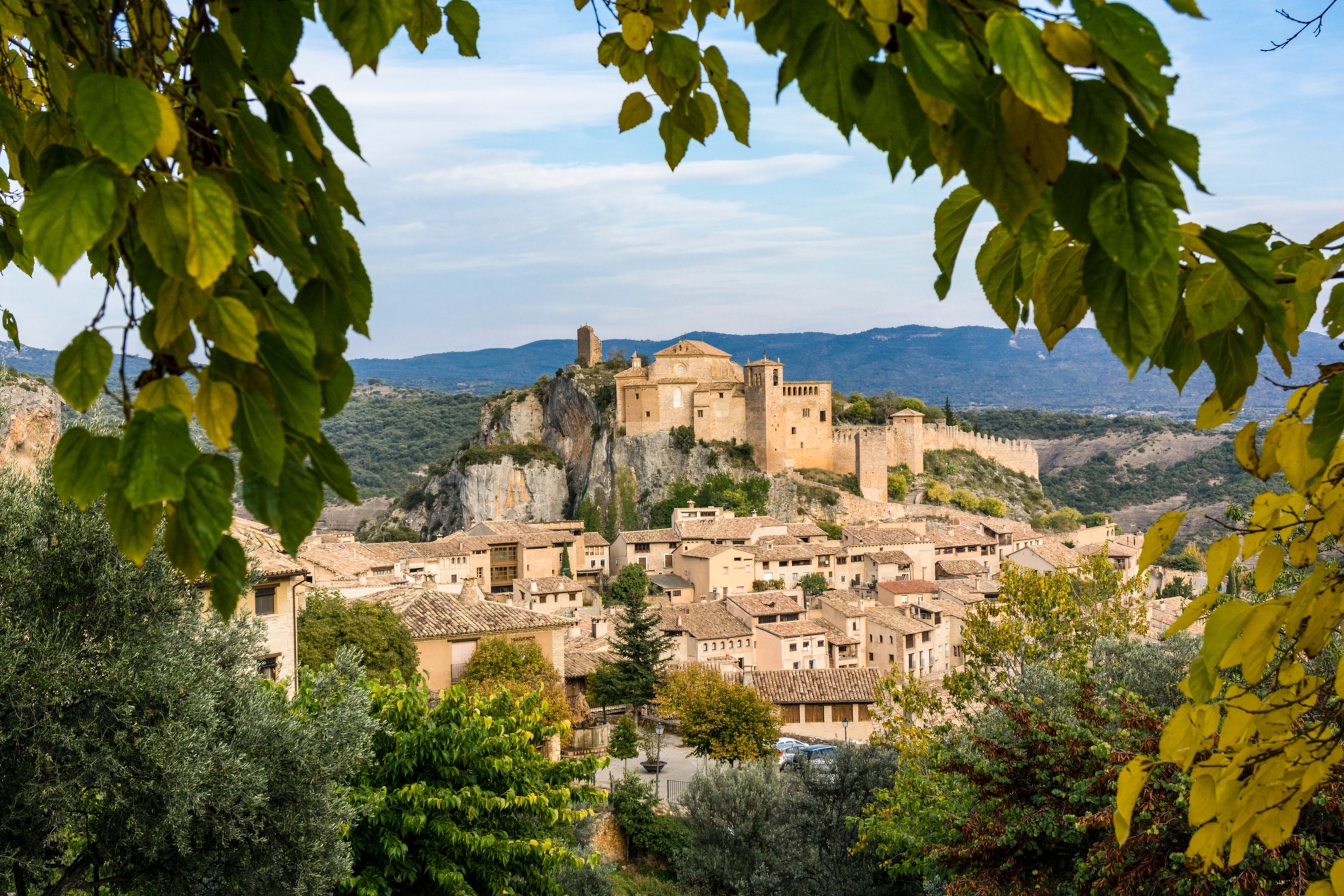 A view of a castle between the trees looking off in the distance.
