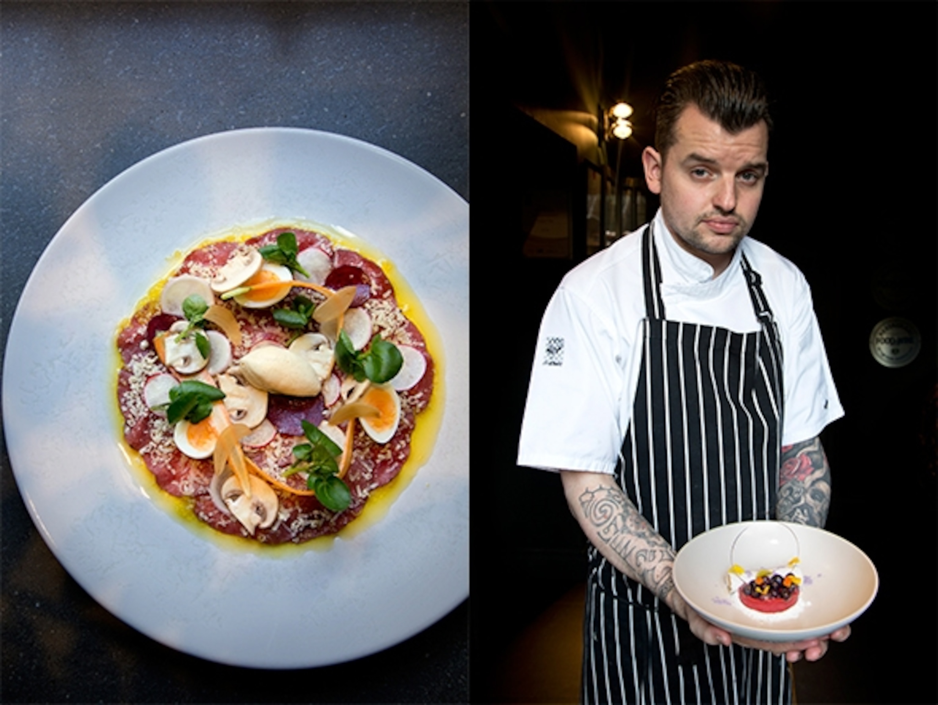 A Dublin institution, Chapter One has been serving food sourced from all over Ireland for more than two decades. Left: Spiced beef carpaccio with pickled quail egg, chestnut mushrooms, and shaved vegetables. Right: Chapter One Pastry chef Darren Hogarty displays blueberries served with Earl Grey tea cream, meringue, confit lemon, and blueberry sorbet. (Photograph by Catherine Karnow)