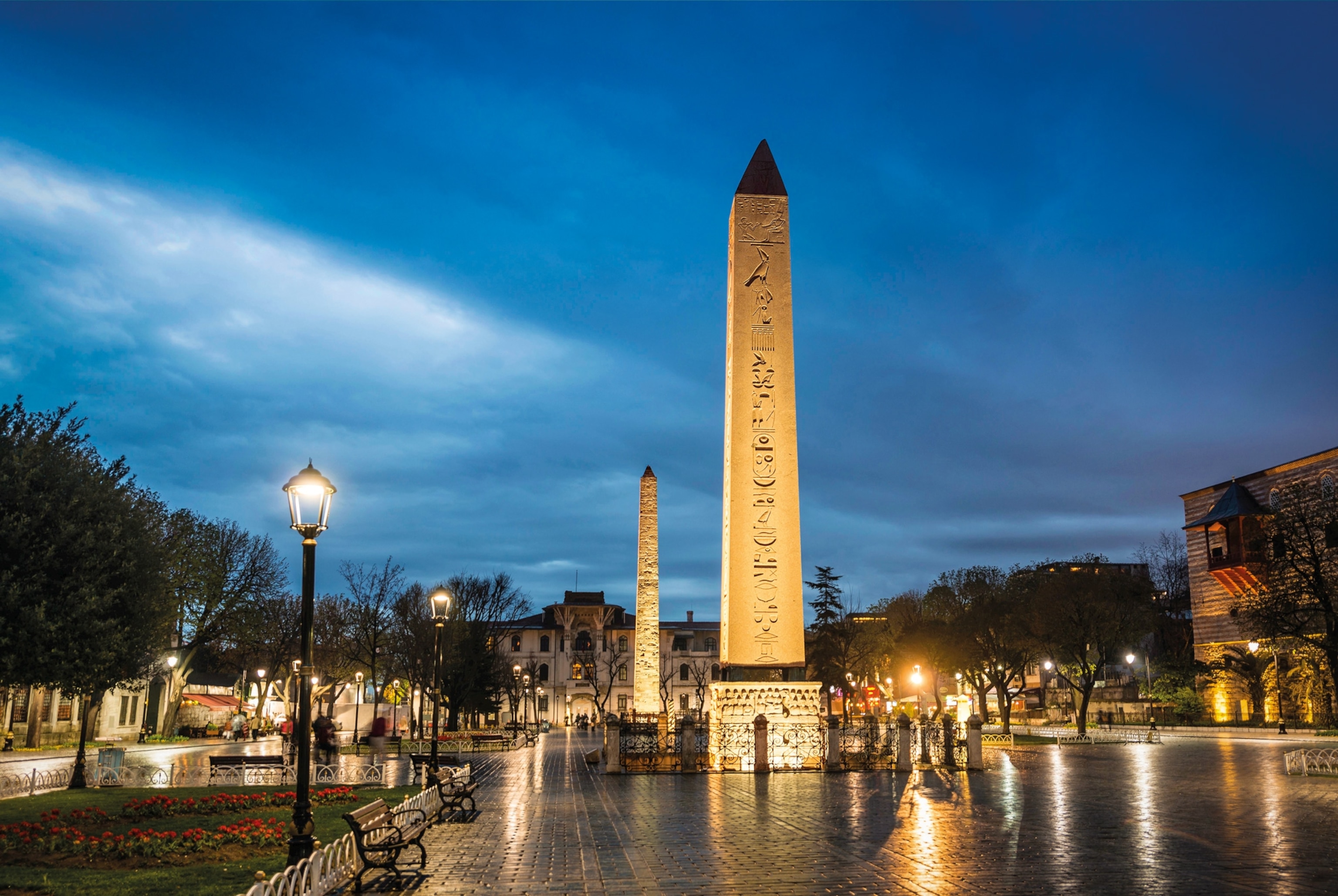 Obelisks line the middle of a street
