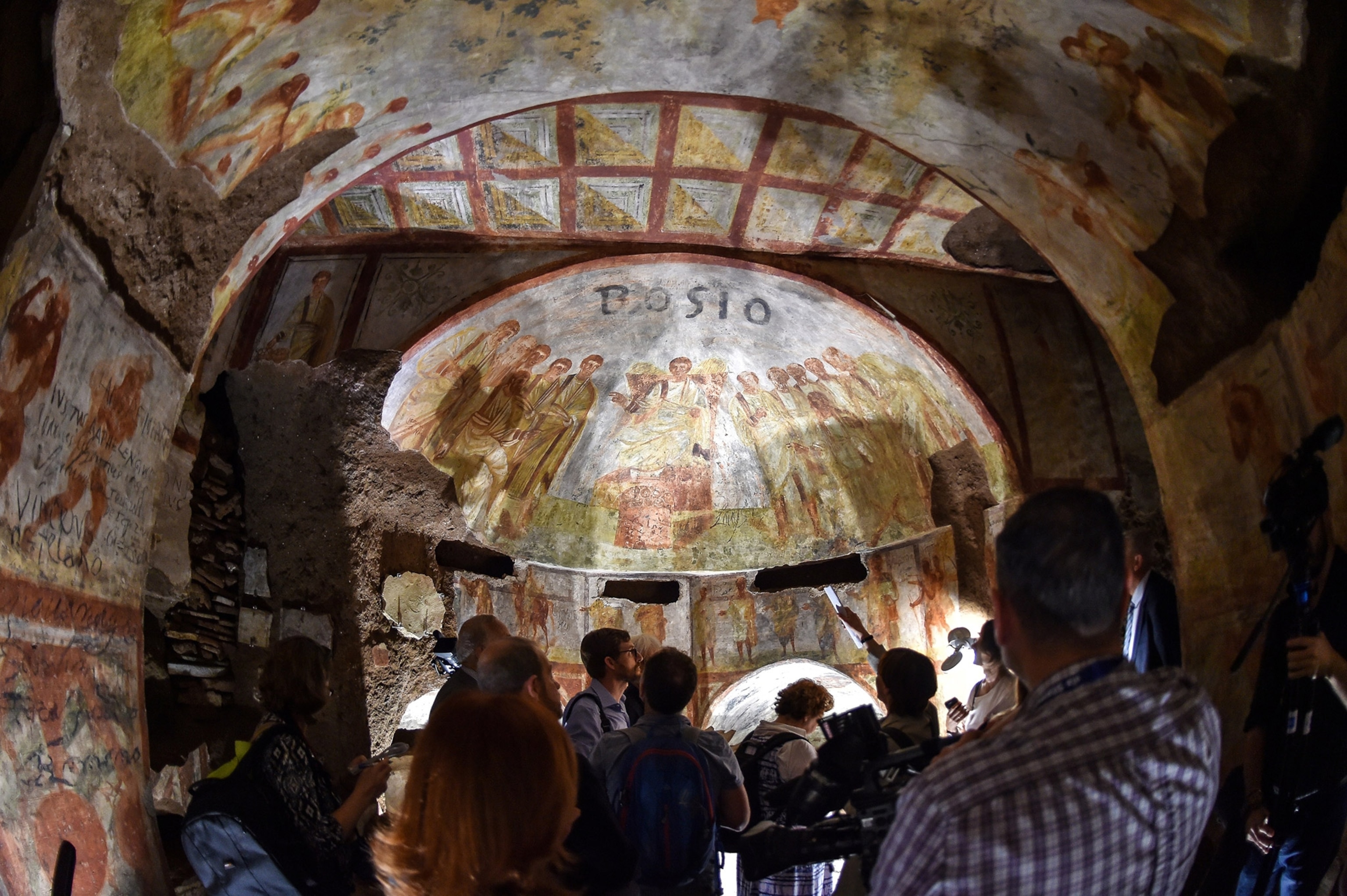 Picture a fresco after the restoration of the catacomb of Santa Domitilla in Rome, Italy