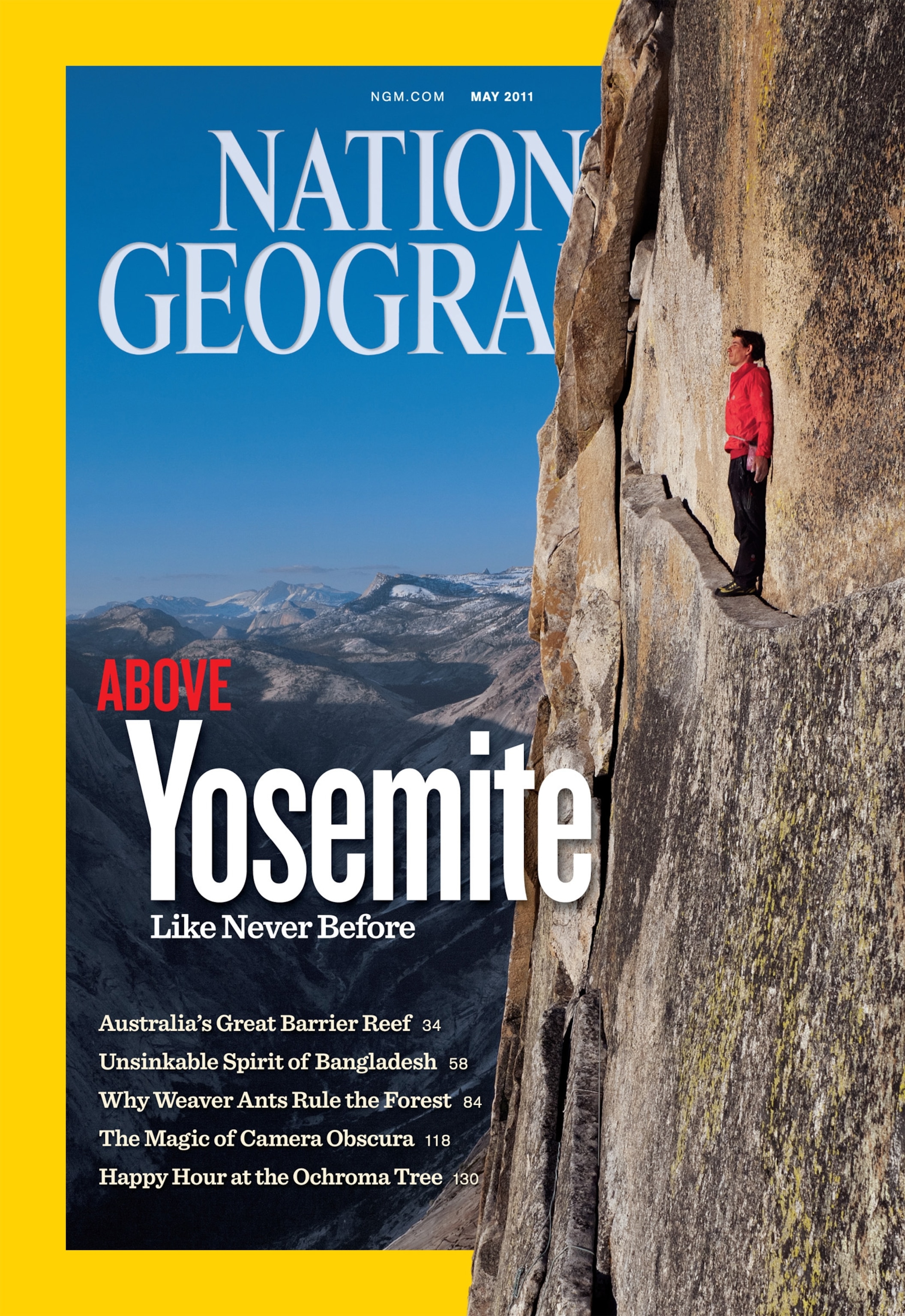 Alex Honnold walking face out on Yosemite’s Thank God Ledge.