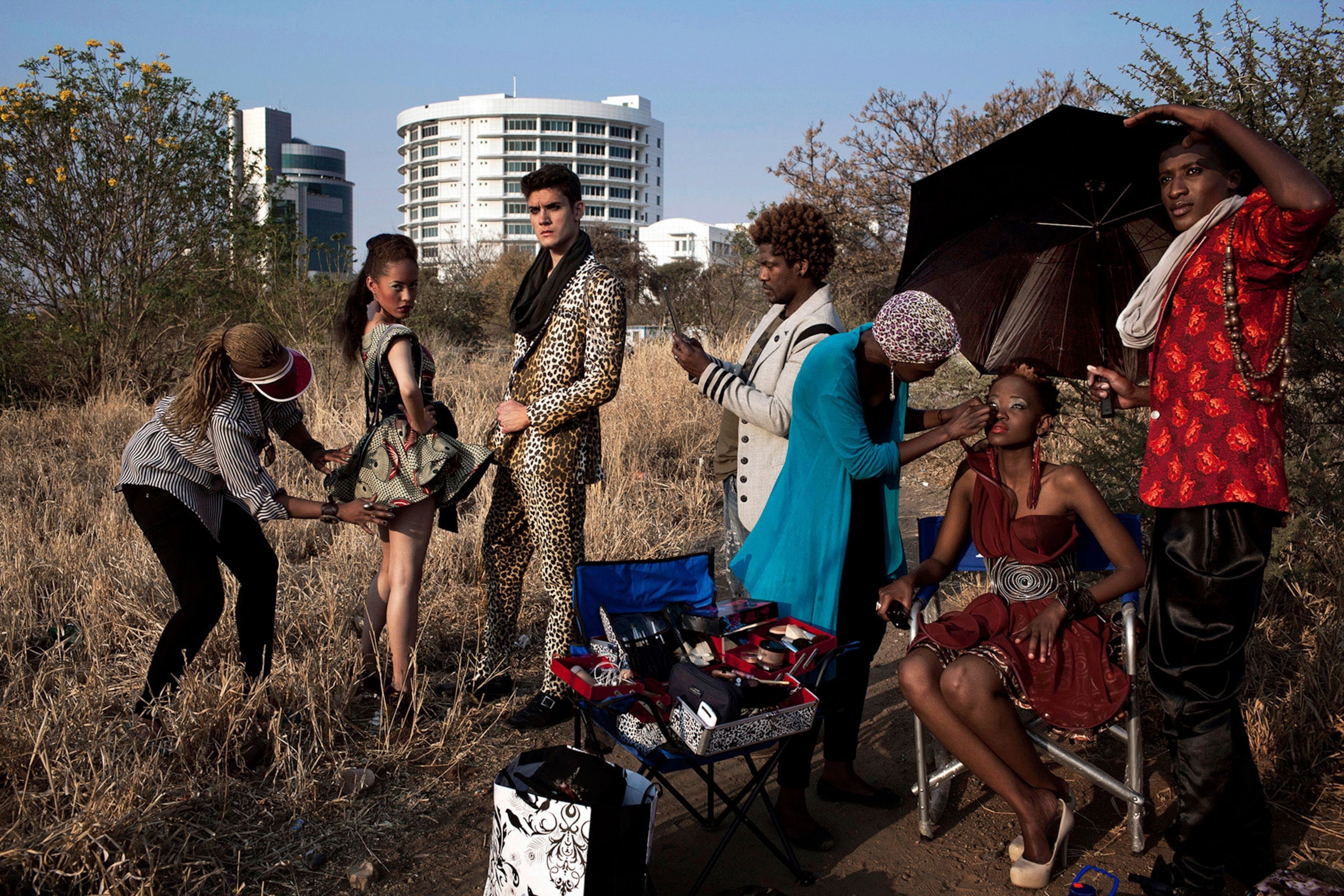 Fashion designer Blacktrash on a location shoot with his models in Gaborone, Botswana.