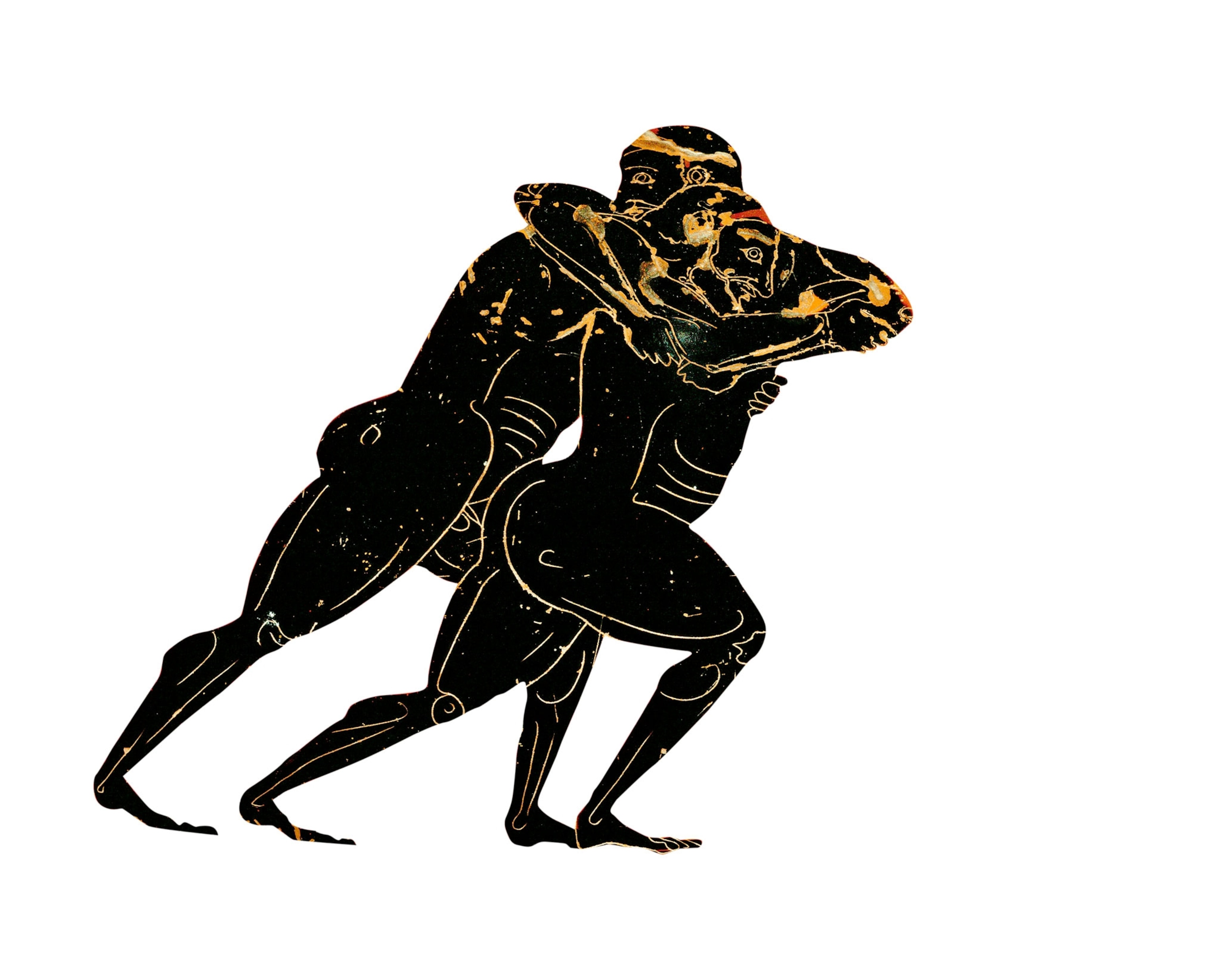 two wrestlers that had been painted on a vase