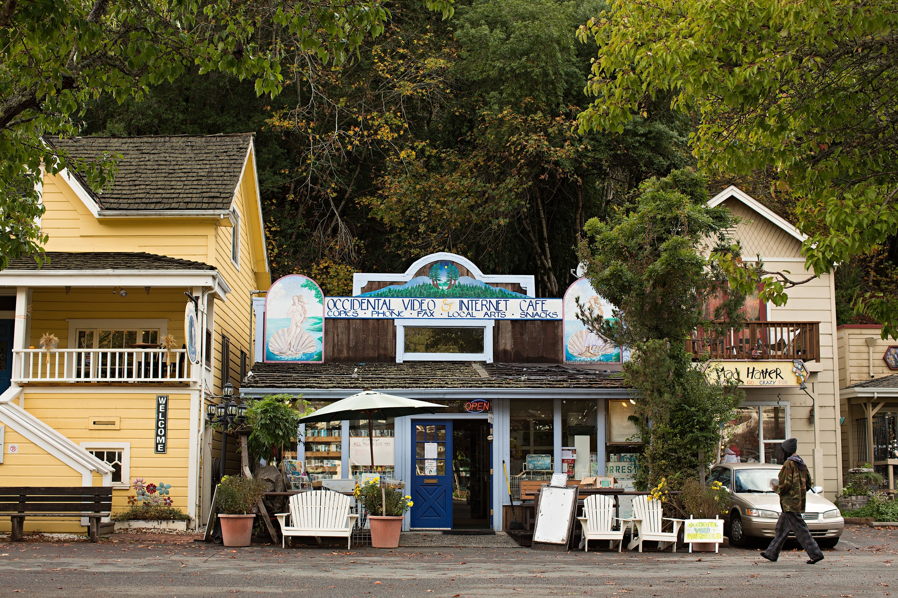 shops in the town of Occidental on the Bohemian Highway in Sonoma County, California