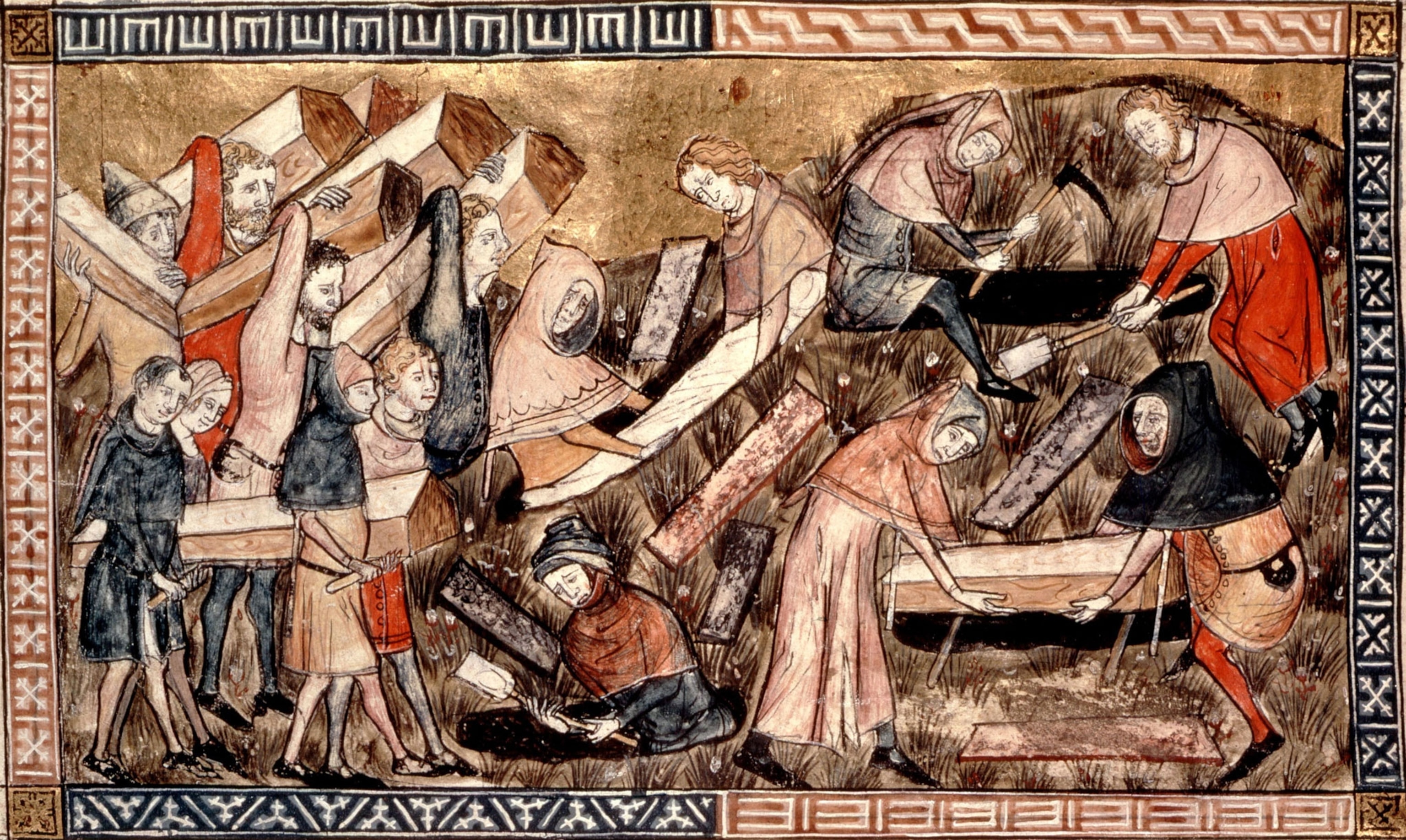 A medieval painting of people burying bubonic plague victims