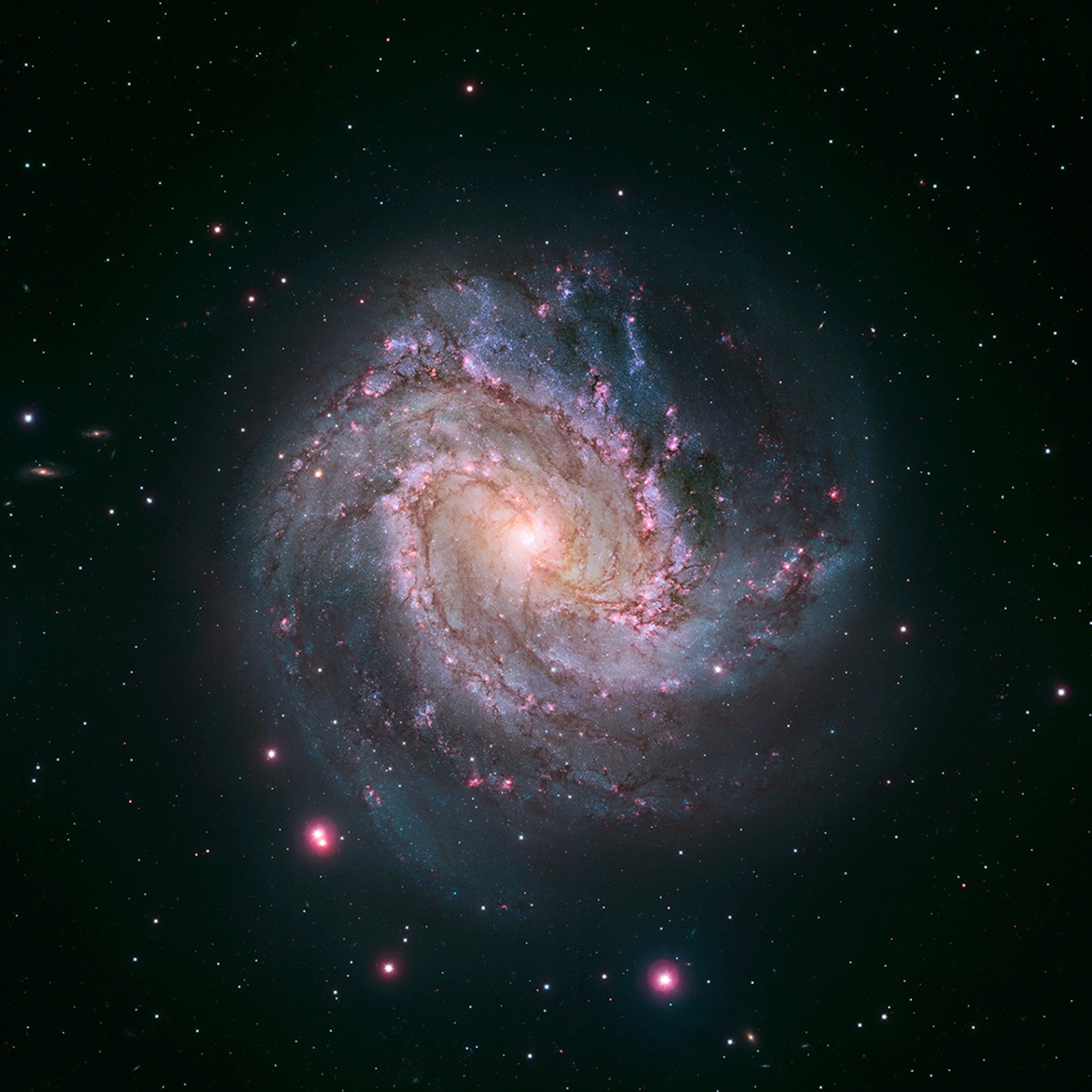 Composite image of the spiral galaxy M83 assembled from observations made by NASA's Hubble Space Telescope and the Carnegie Institution of Washington's Magellan telescopes.