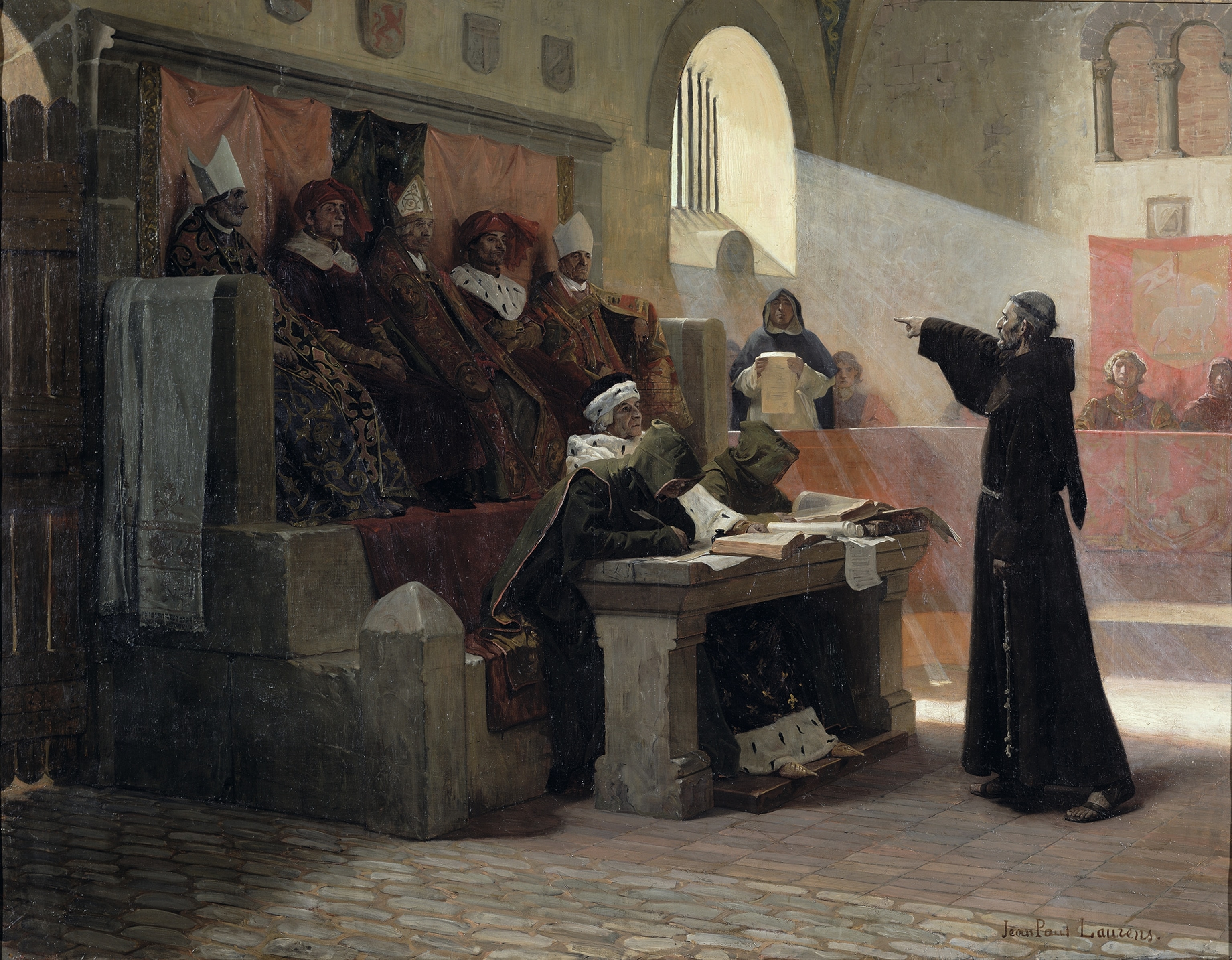 A 19th-century painting of the Franciscan Bernard Délicieux of Carcassonne before the Inquisition.