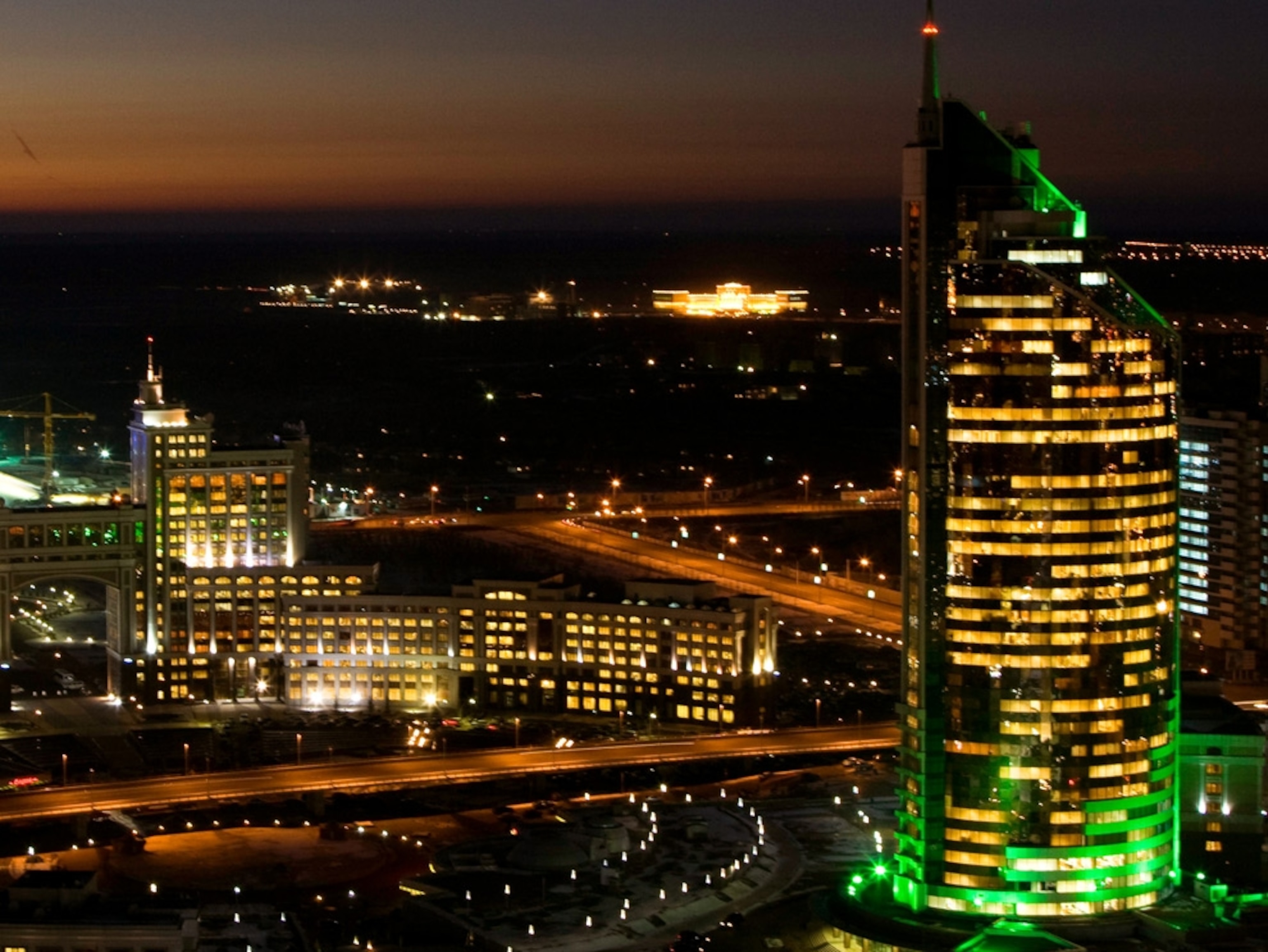 A city skyline at night