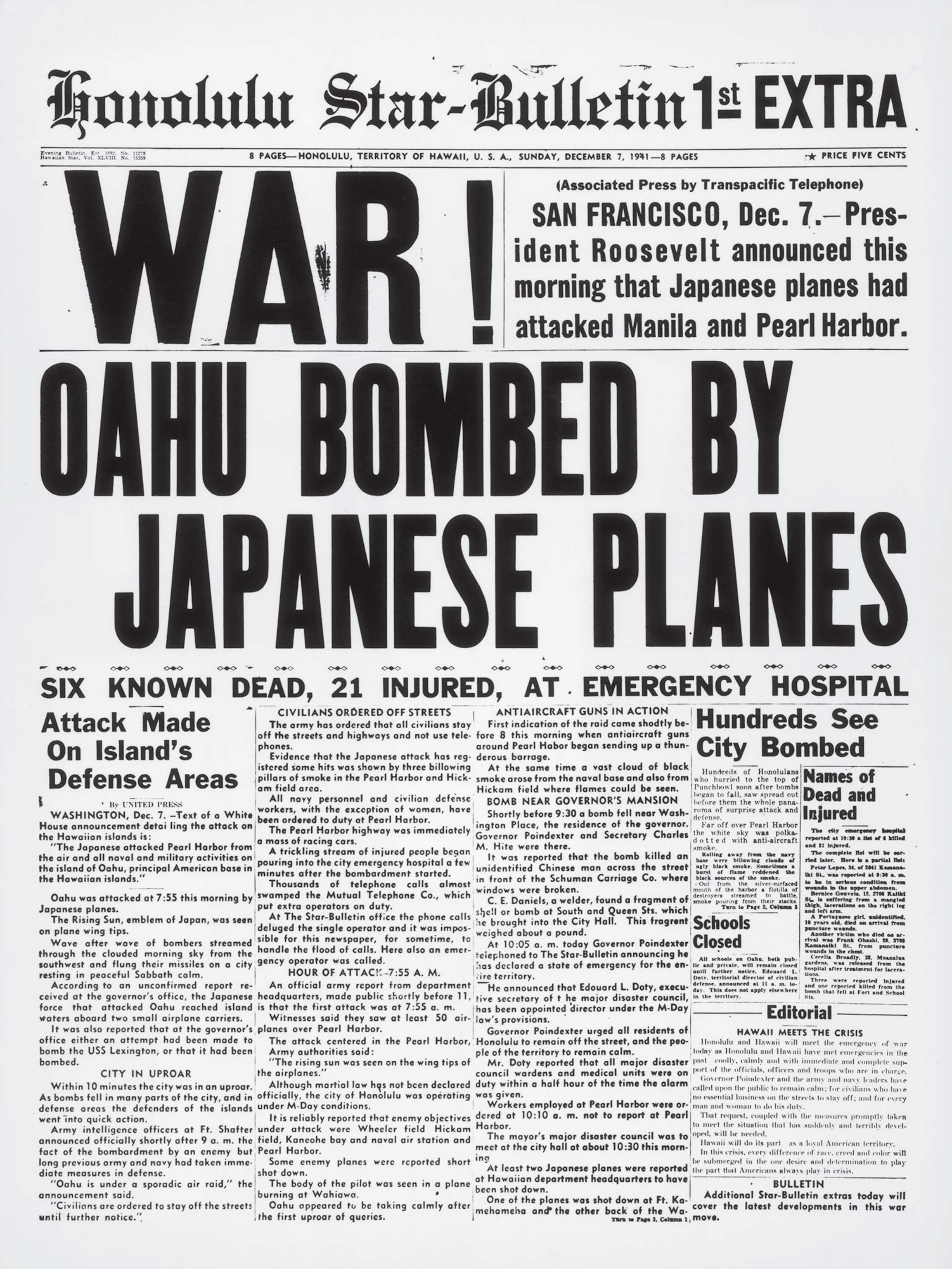 A newspaper issue in Honolulu from after the attack