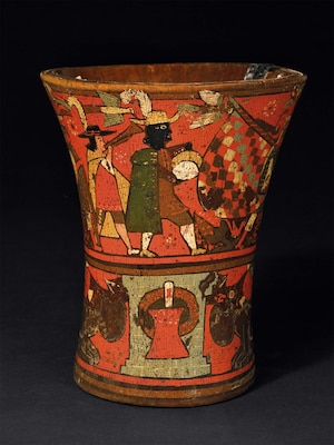Vibrant decorations show musicians dressed in European costume on a kero, or Inca ceremonial vessel, from the 1700s. These cups were used for the ceremonial drinking of chicha, a fermented corn-based drink.