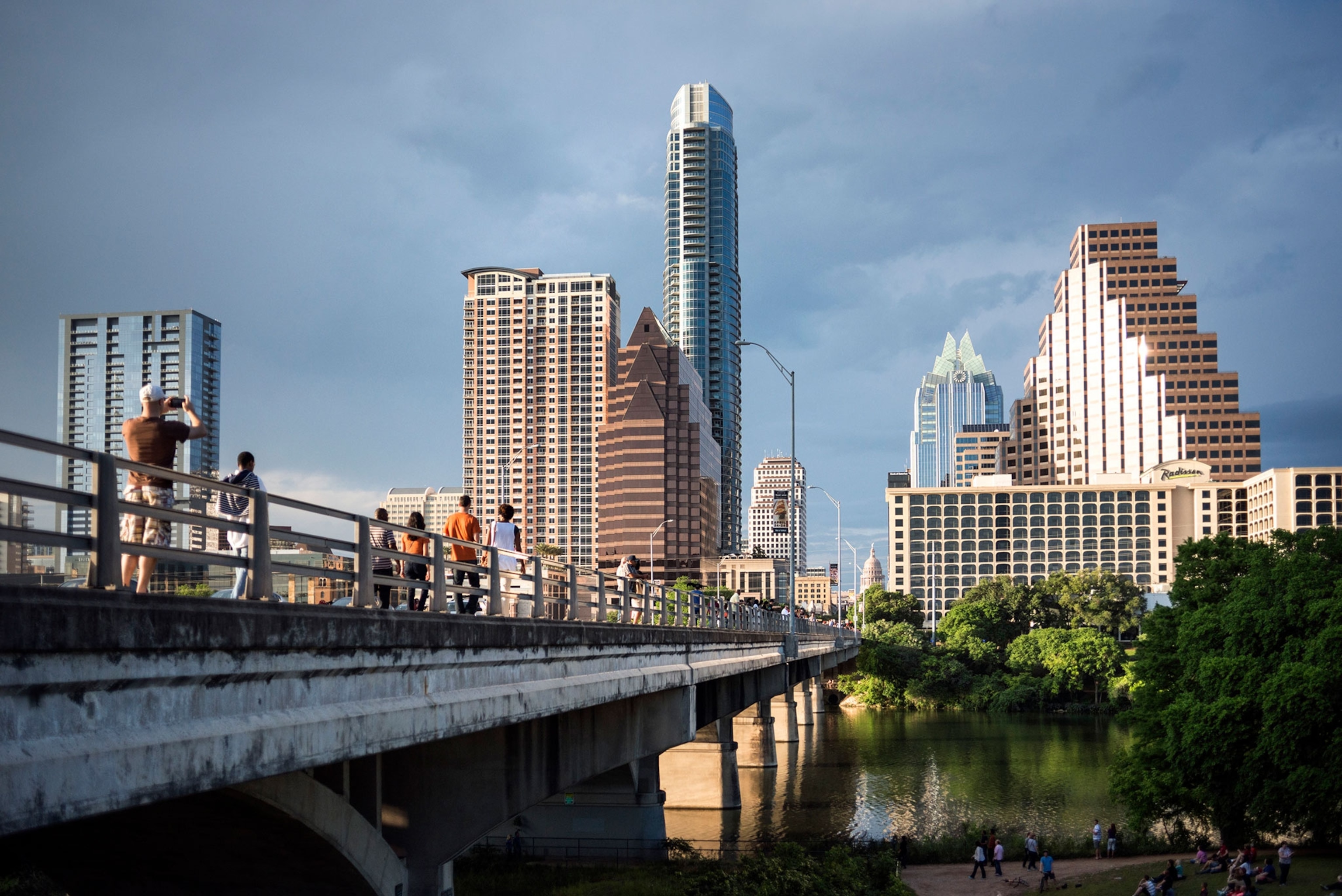 the Austin city skyline from Lady Bird Lake park
