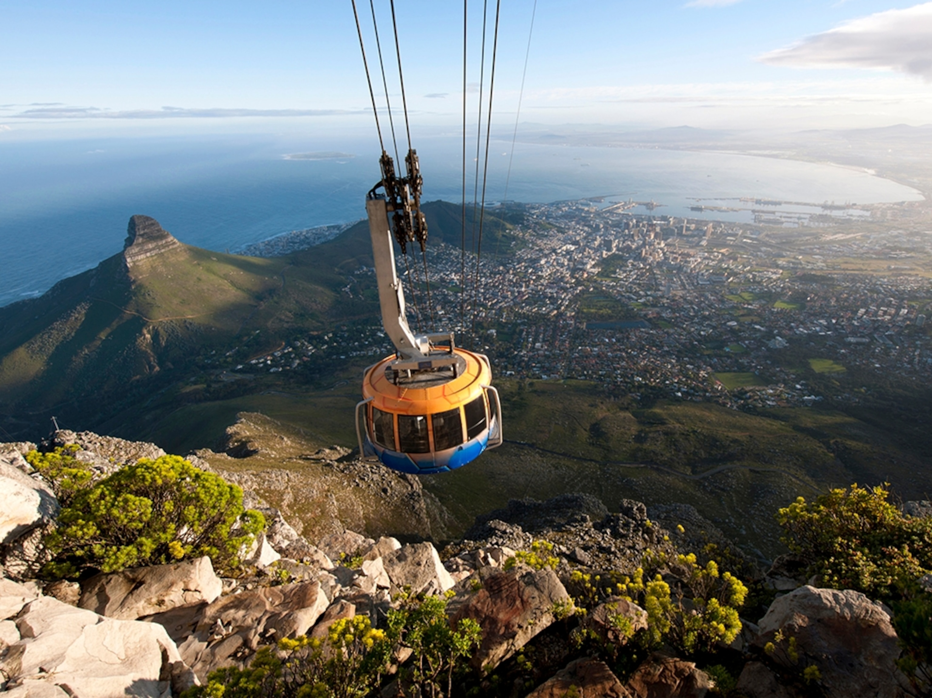 the Table Mountain Cable Car descending from the top of Table Mountain, Cape Town, Western Cape, South Africa