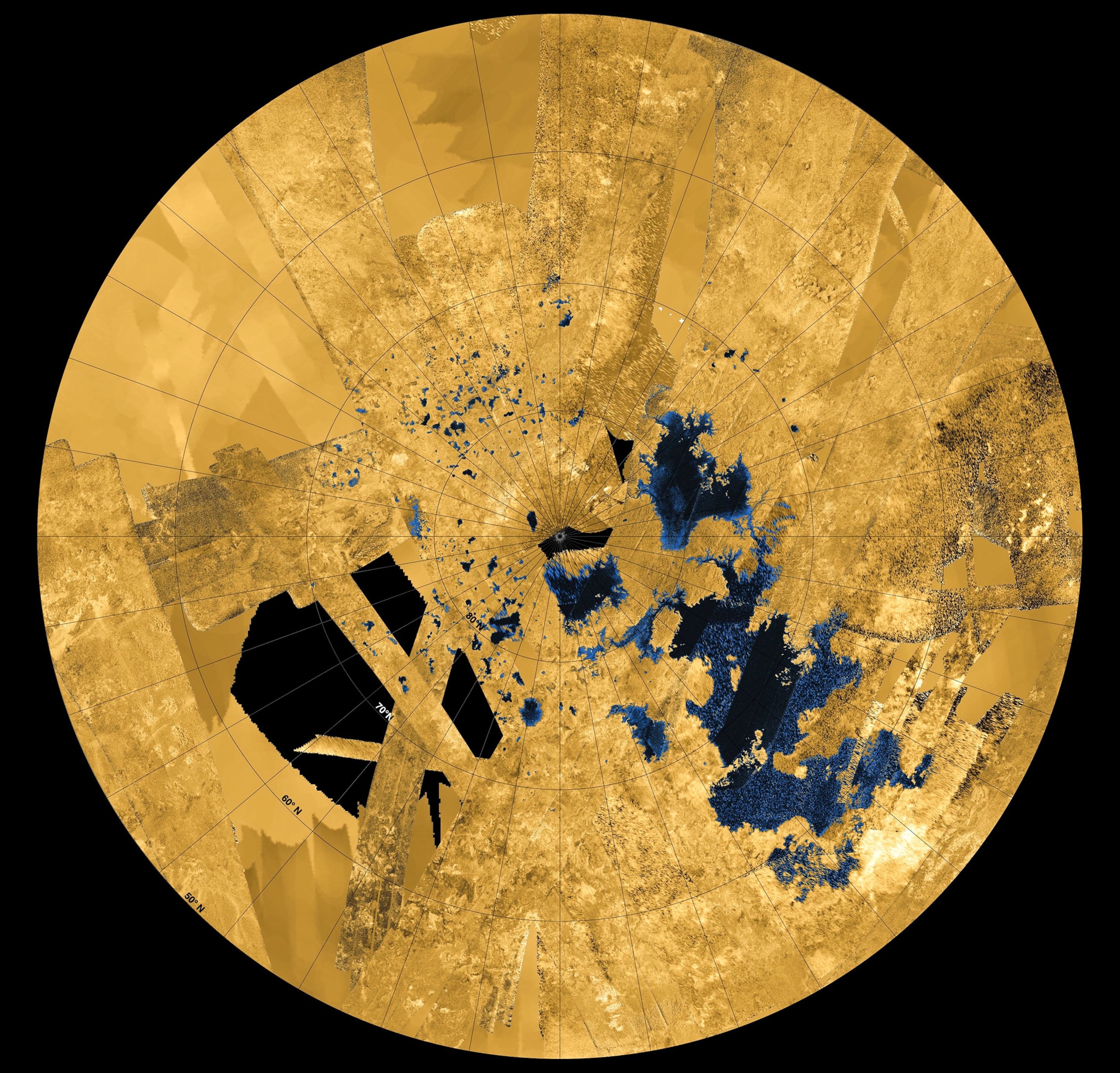 Colorized mosaic from NASA's Cassini mission shows the most complete view yet of Saturn’s moon Titan's northern land of lakes and seas.