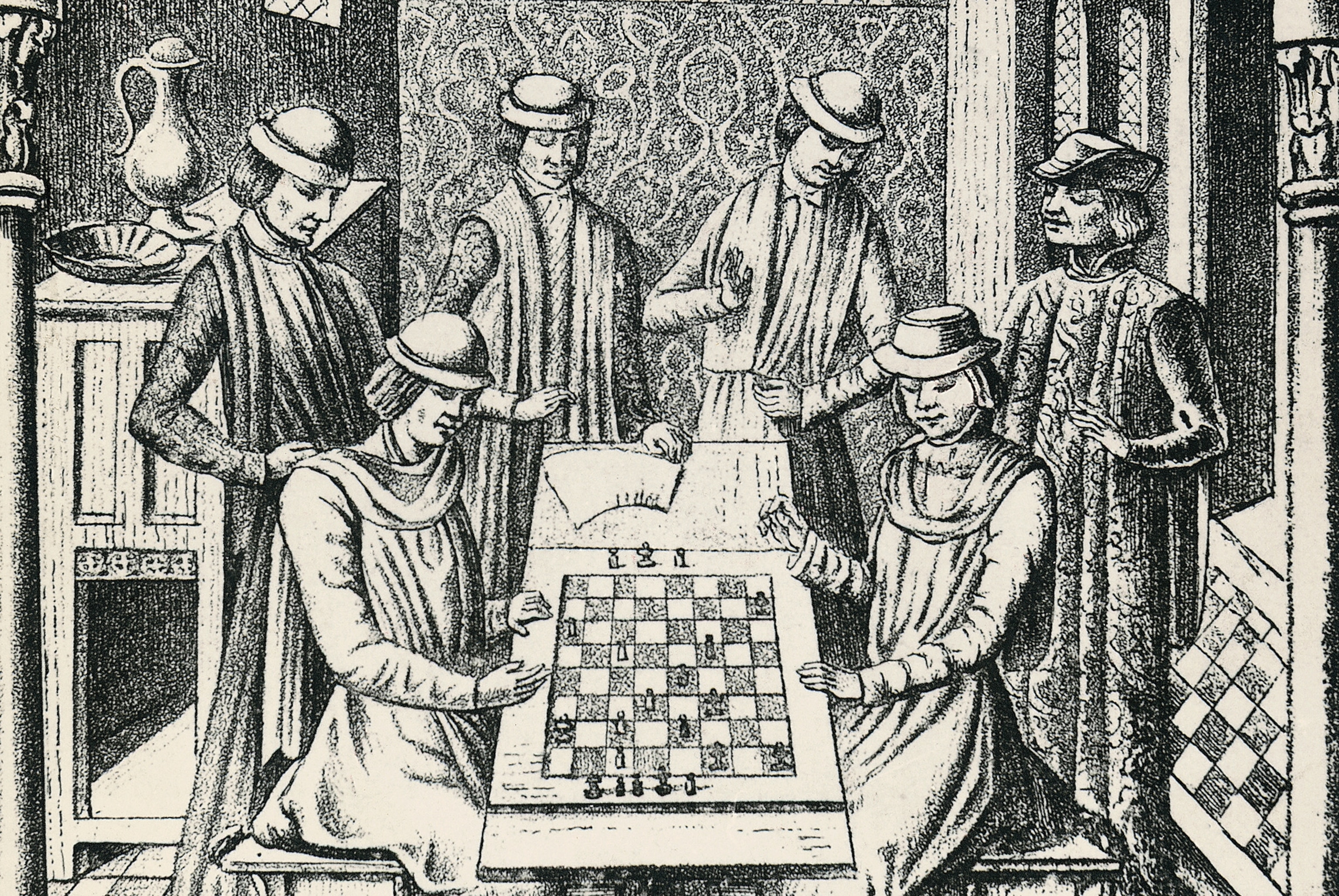 King Louis XI (at right) is seen playing a game of chess at his château.