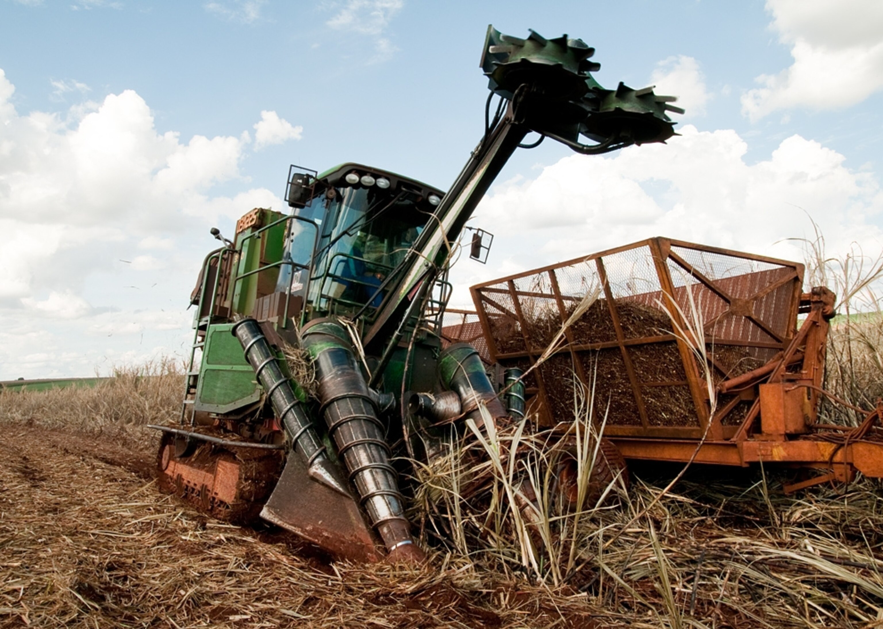 A sugarcane harvester clears a field in Brazil in 2008.