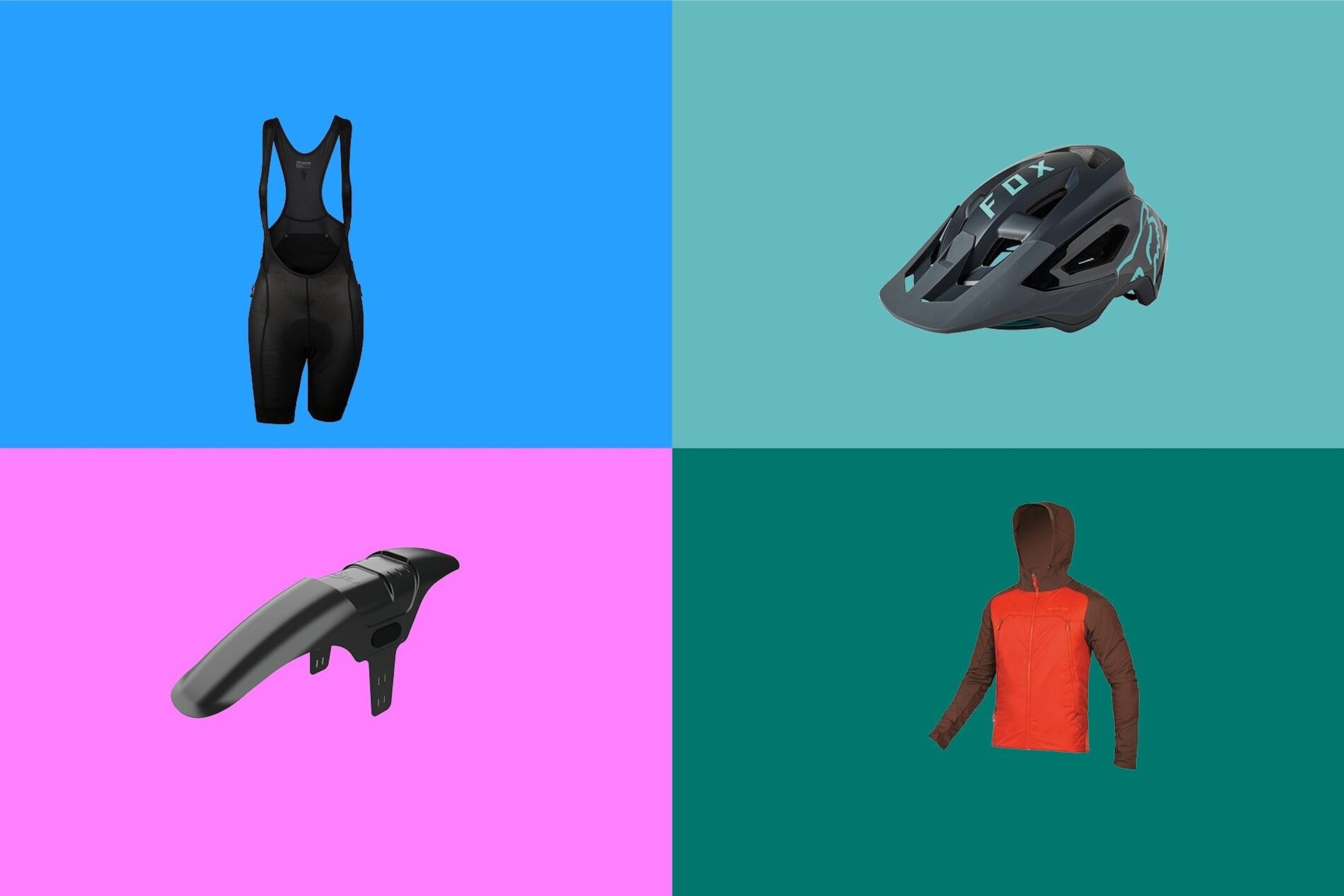 Clockwise from top left: Specialized mountain liner bib shorts, Fox Speedframe Pro helmet, Shorty Evo Mudhugger, Endura MT500 Freezing Point II jacket.