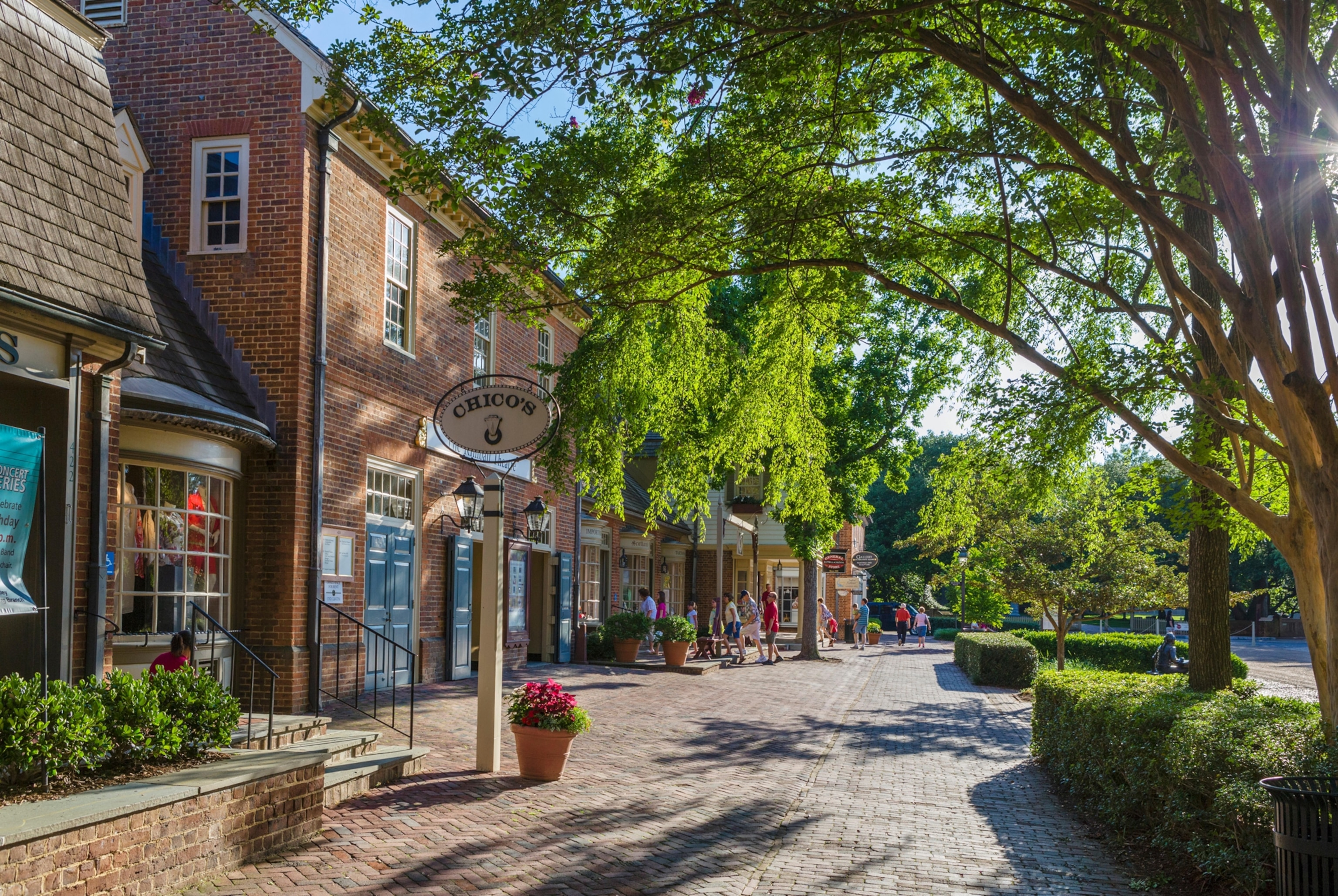 Stores and restaurants on Duke of Gloucester Street in historic downtown Williamsburg, Virginia