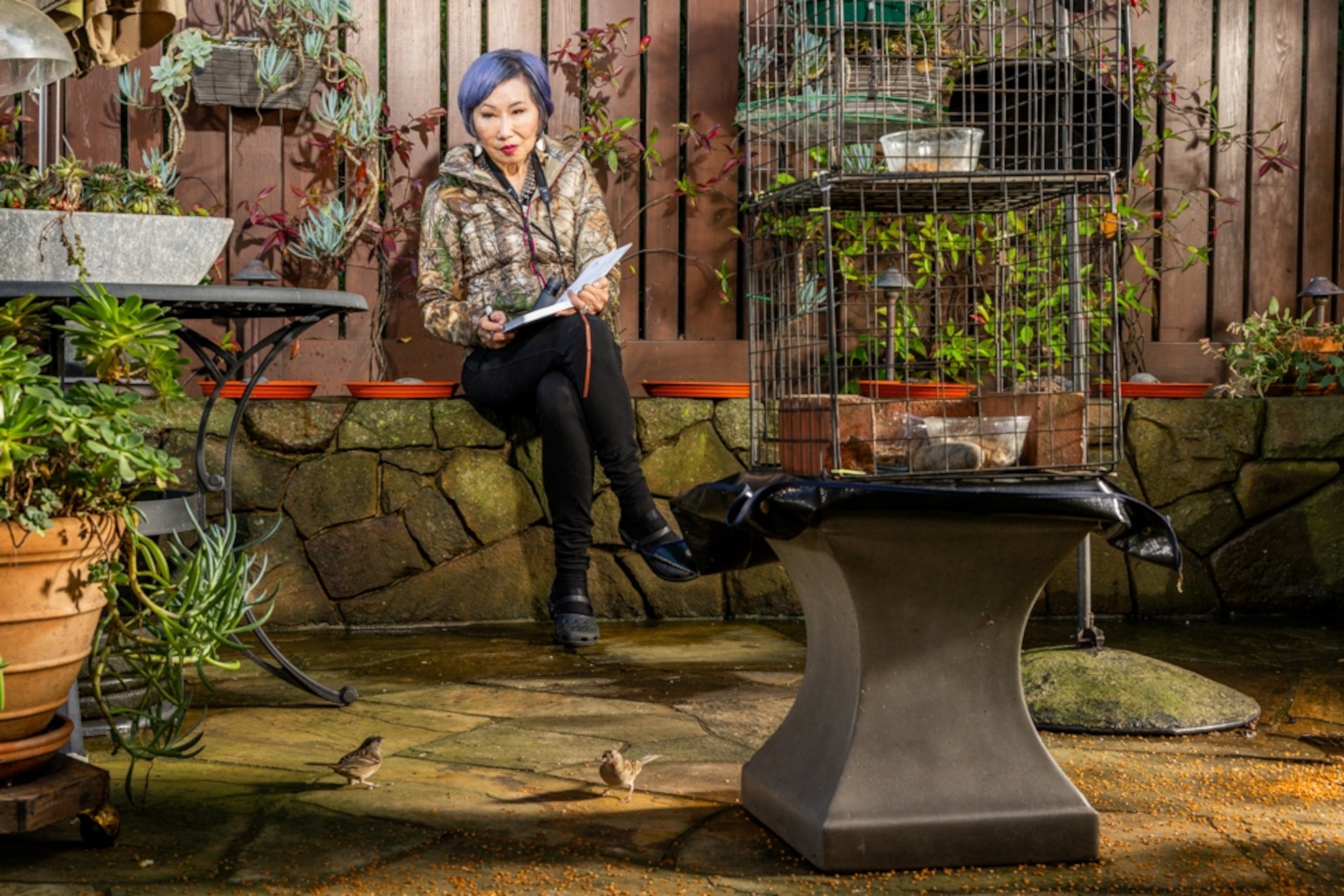 A woman sits down with a sketchbook staring at a bird.