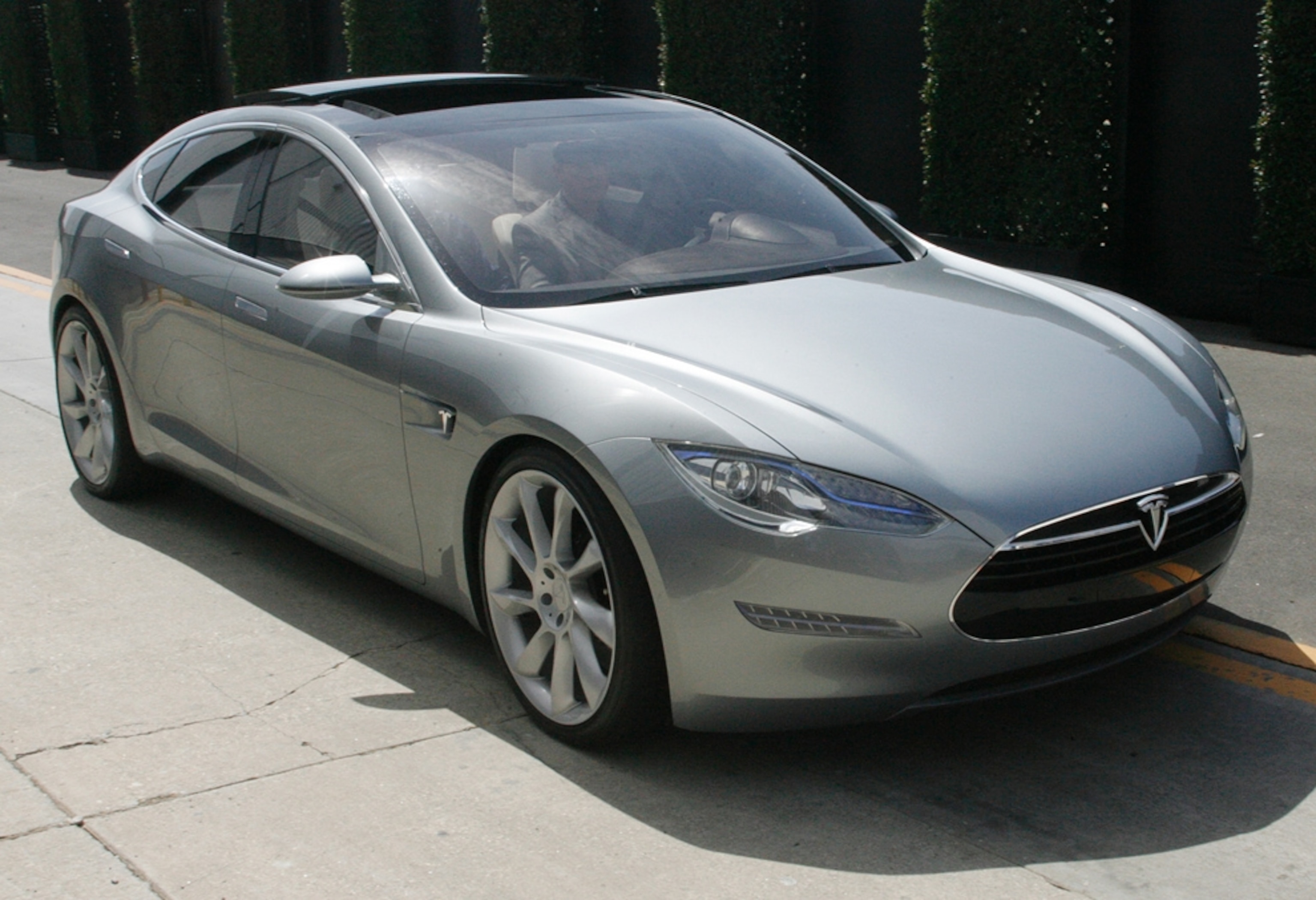 A silver Tesla Model S electric car in California