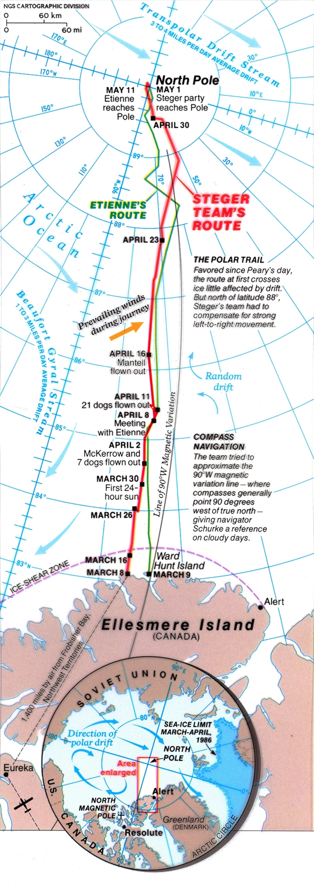 A map of the explorers and Jean-Louis Etienne's journeys