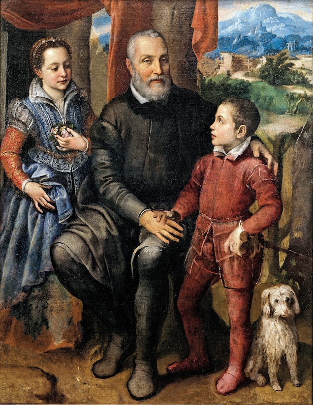 Sofonisba’s father, Amilcare Anguissola, is flanked by his daughter Minerva (about 13 years old) and his son, Asdrubale. This 1558-59 group portrait was painted by Sofonisba around the time she was summoned by Philip II to the court of Madrid.