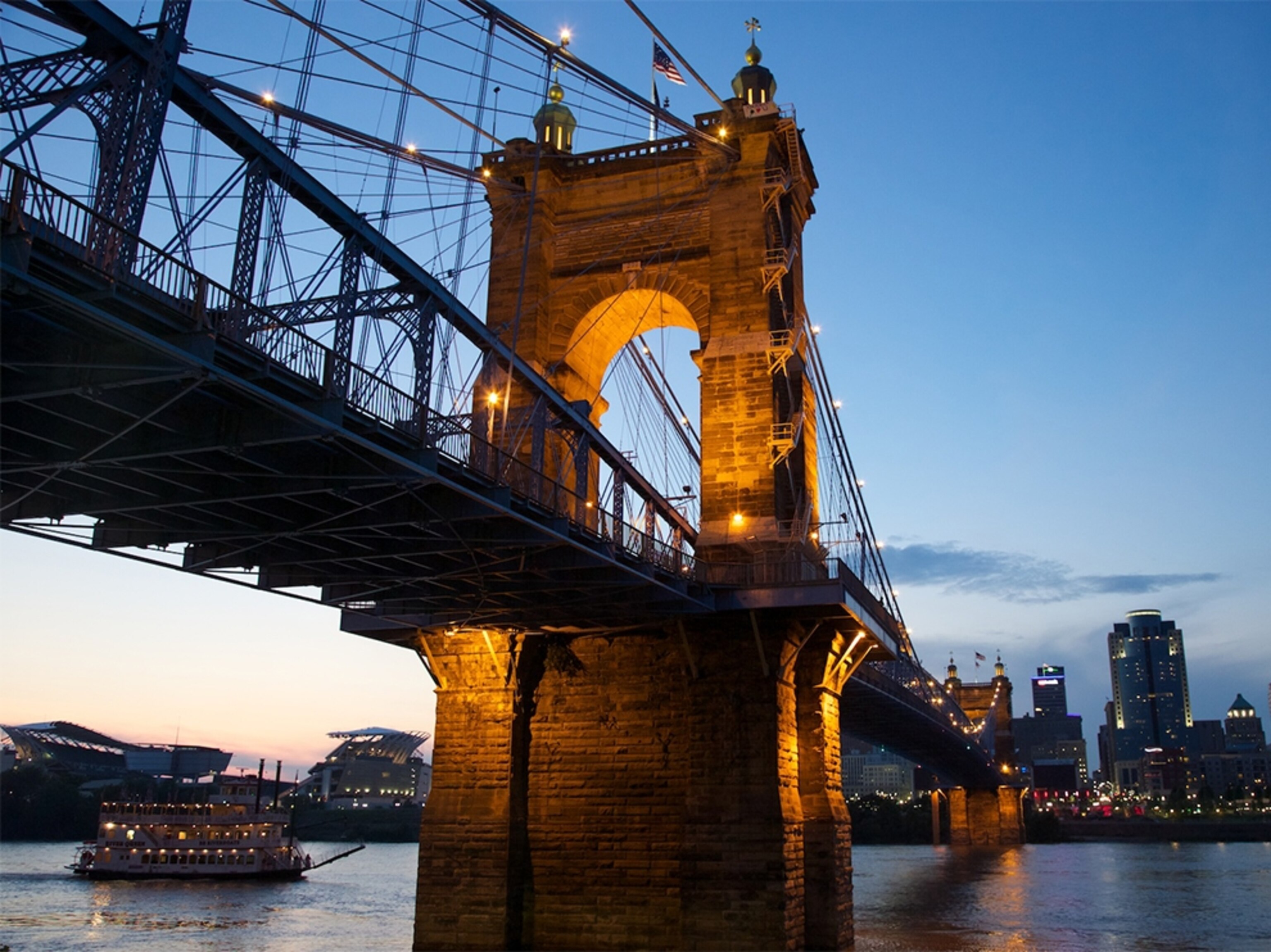 the Roebling suspension bridge and the skyline in Cincinnati, Ohio