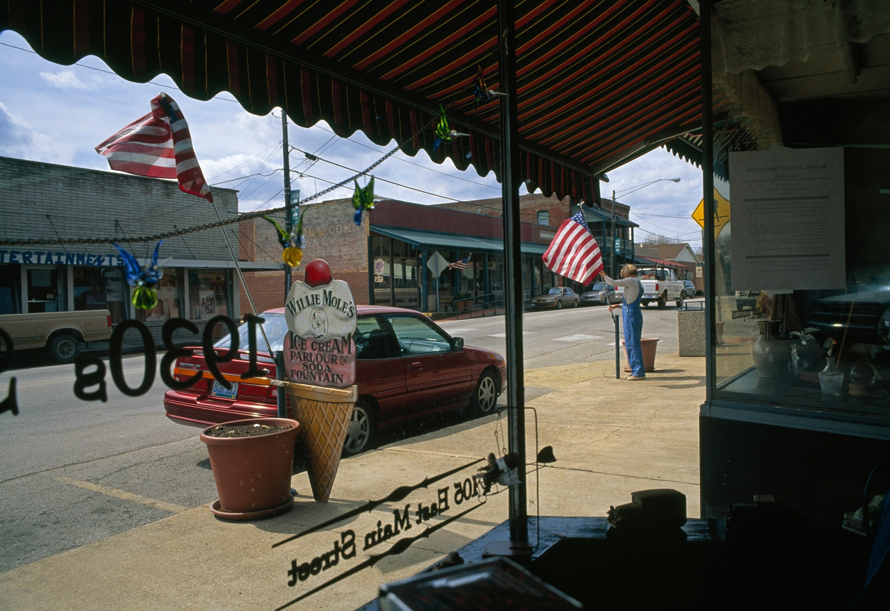 View of the street from inside an ice cream shop in Steelville, Missouri.