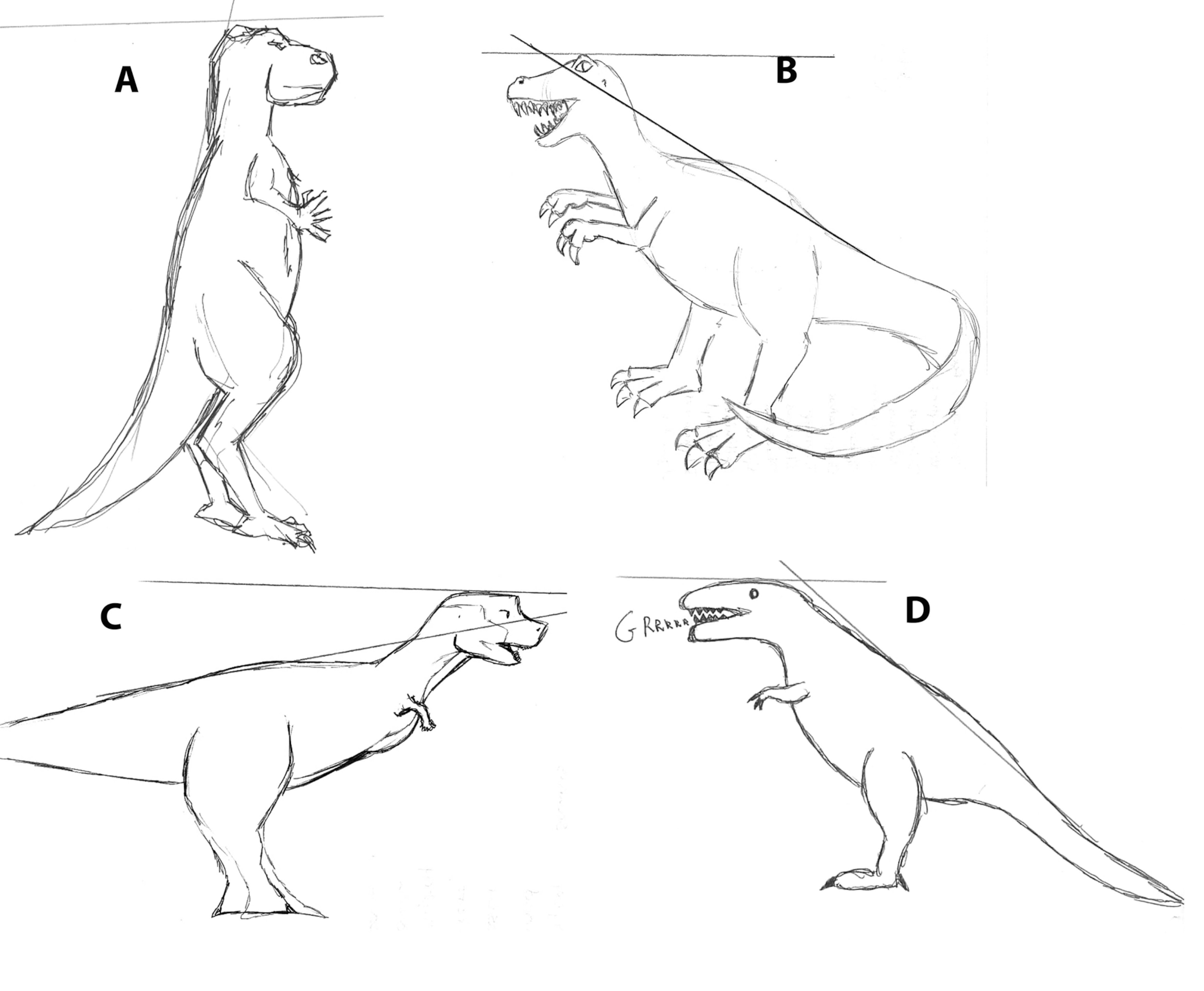A set of four sketch diagrams labeled A through D shows different dinosaur body postures and orientations relative to a horizontal reference line.