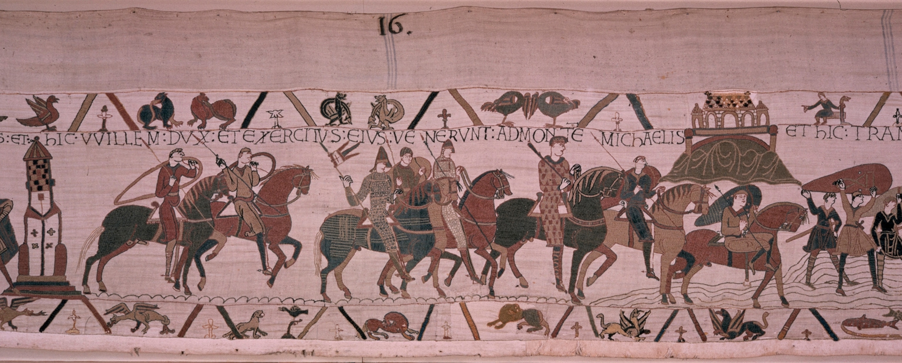 In scene from Bayeux Tapestry, Harold marches near Mont St. Michel.