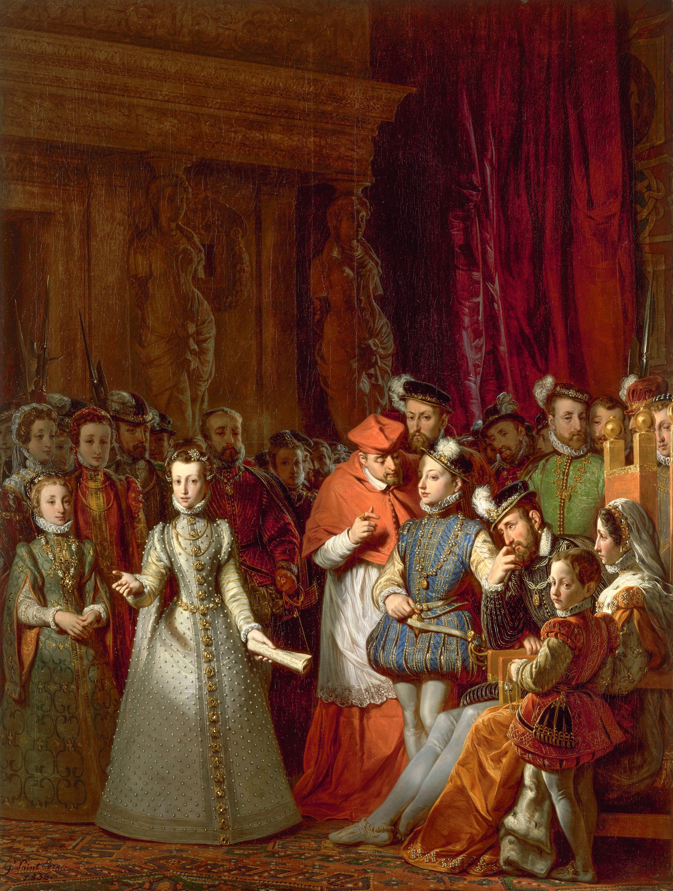 Mary Stuart recites a speech in Latin before France’s Henry II.
