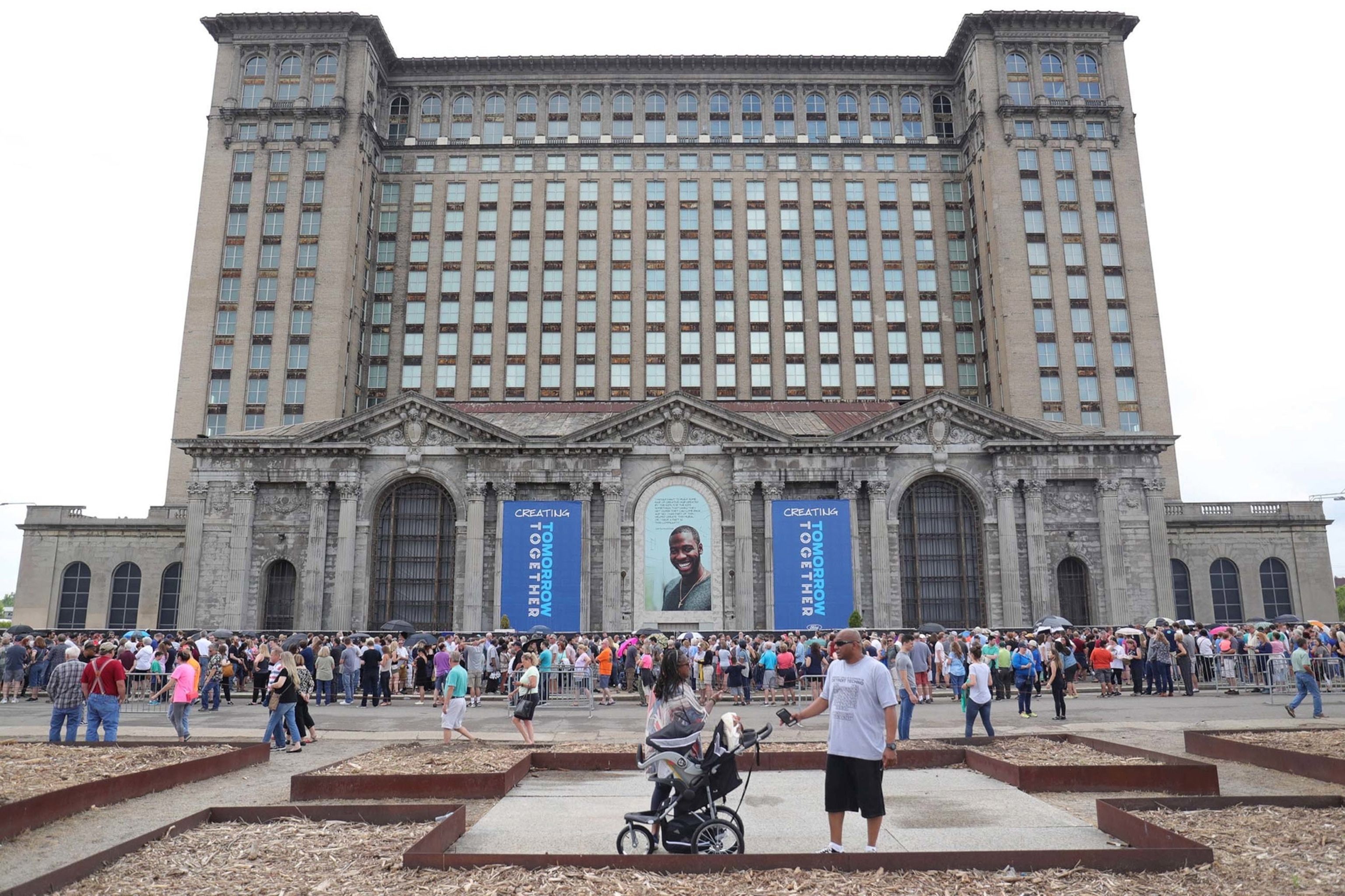 the line waiting to tour the Michigan Central Station in Detroit, Michigan