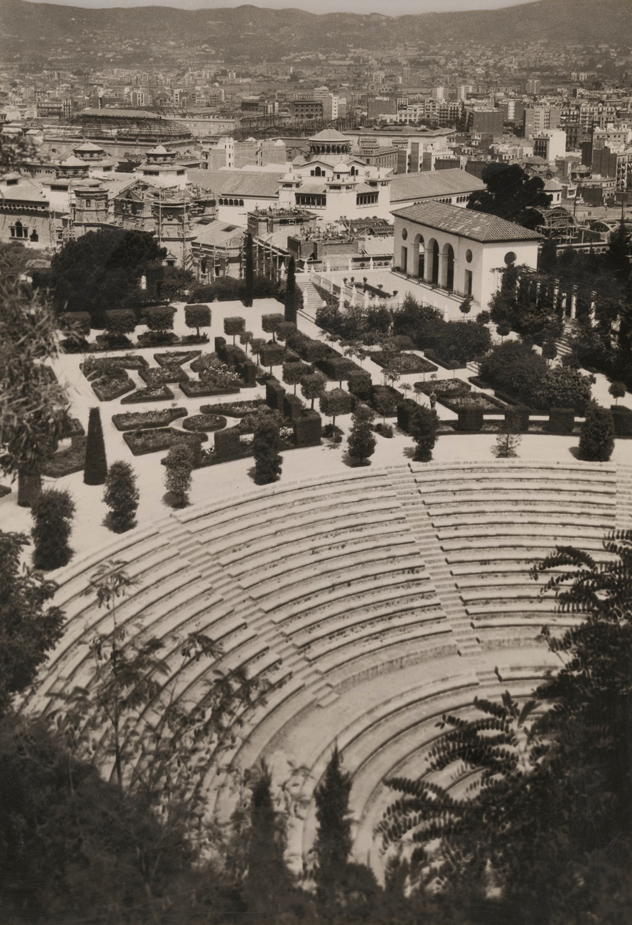 An aerial view shows Montjuich Park.