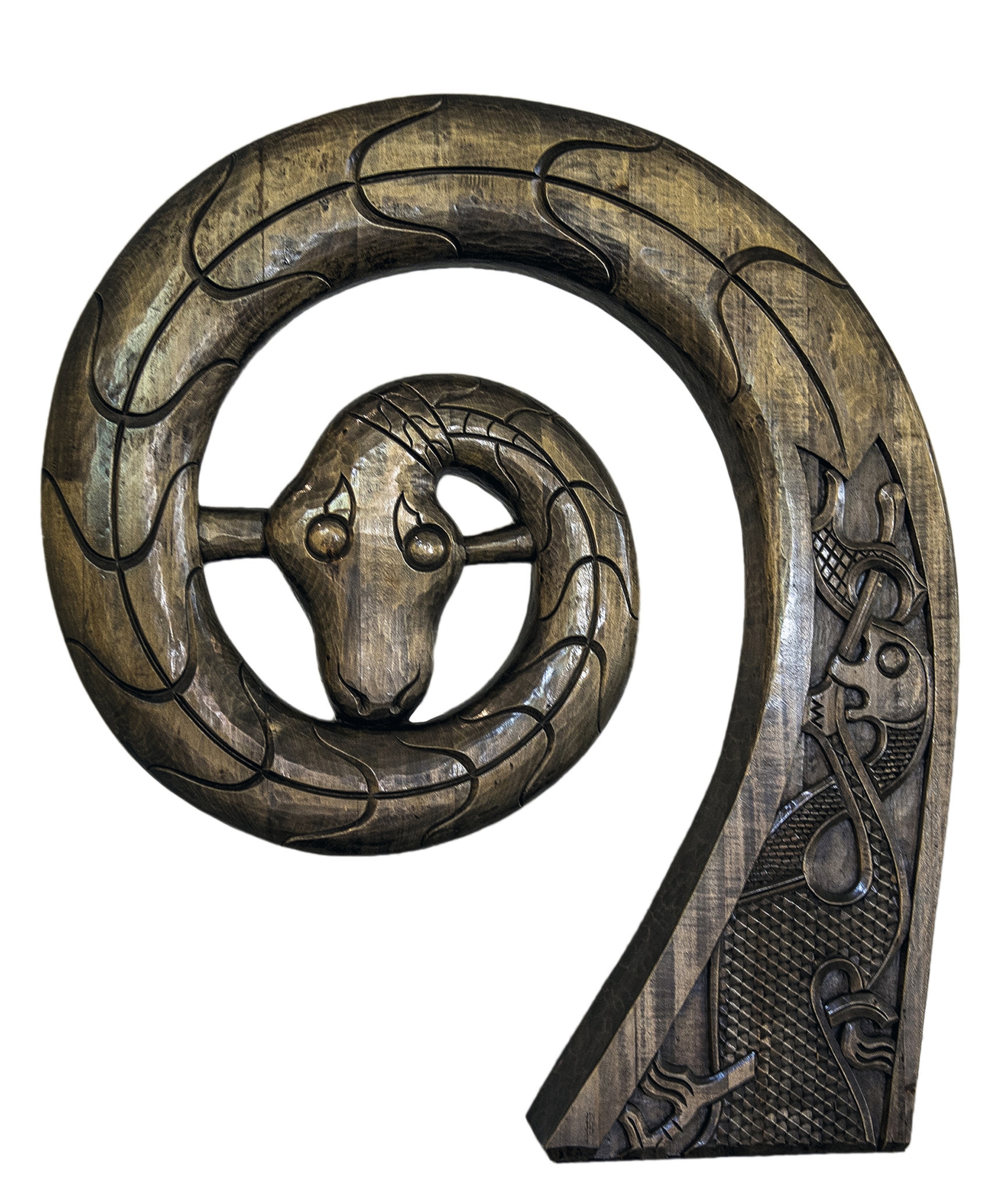 An oak prow is topped with a coiled serpent form.