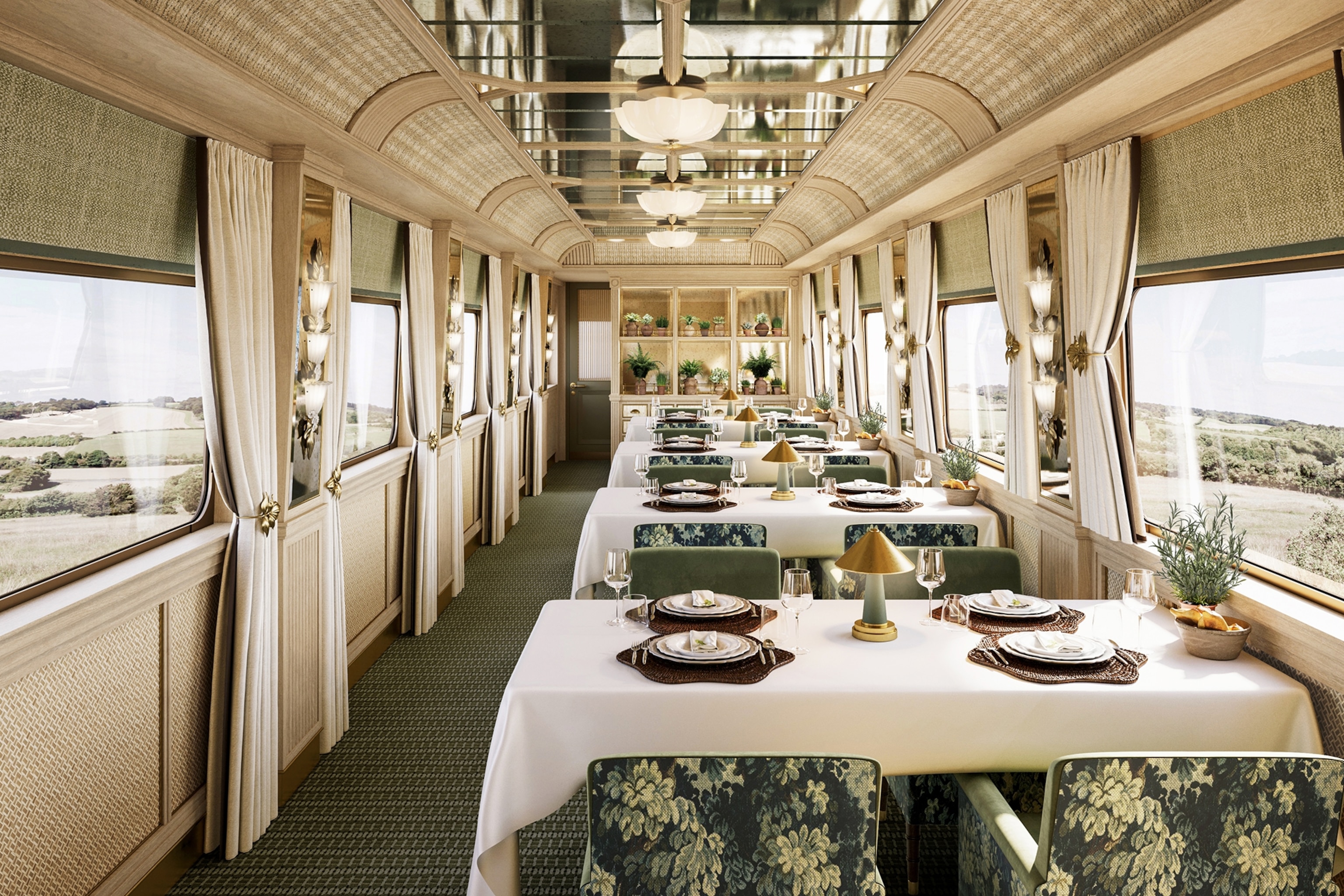 a dining car aboard a luxury train