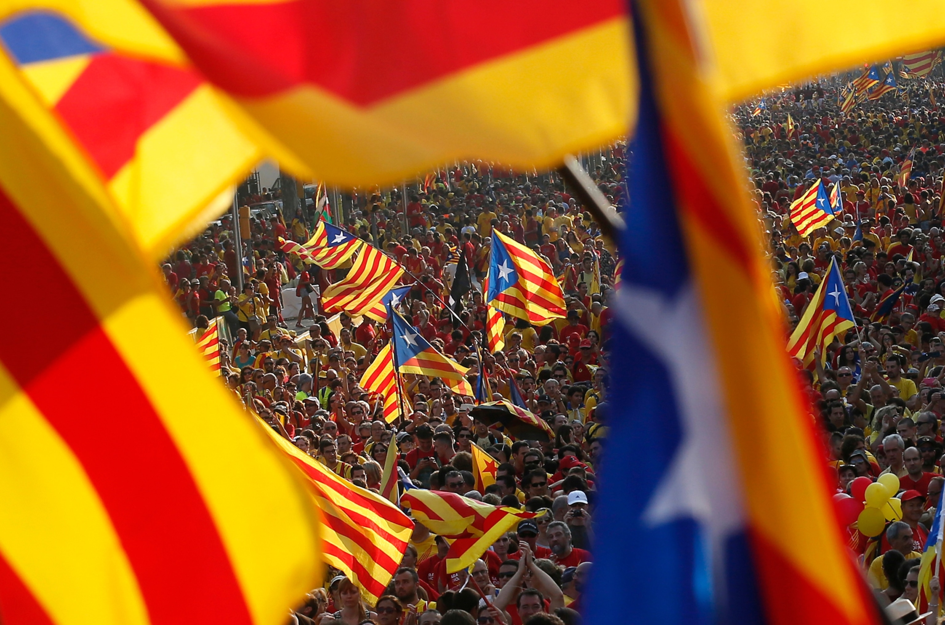 People hold "estelada" flags, Catalan separatist flags, during a gathering to mark the Calatalonia day "Diada" in central Barcelona September 11, 2014.