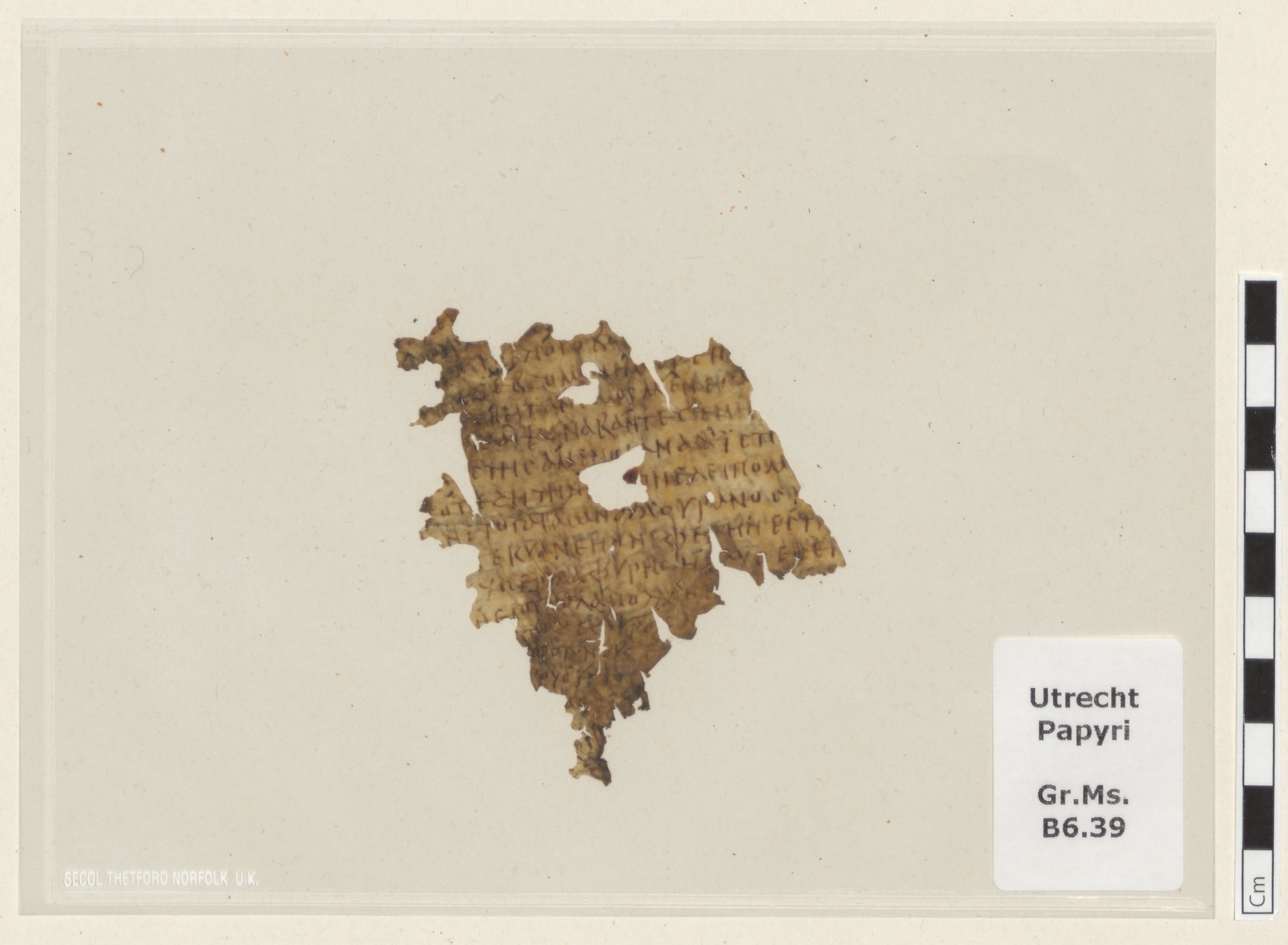 A small fragment of ancient papyrus with handwritten Greek text is displayed on a white background beside a measurement scale.