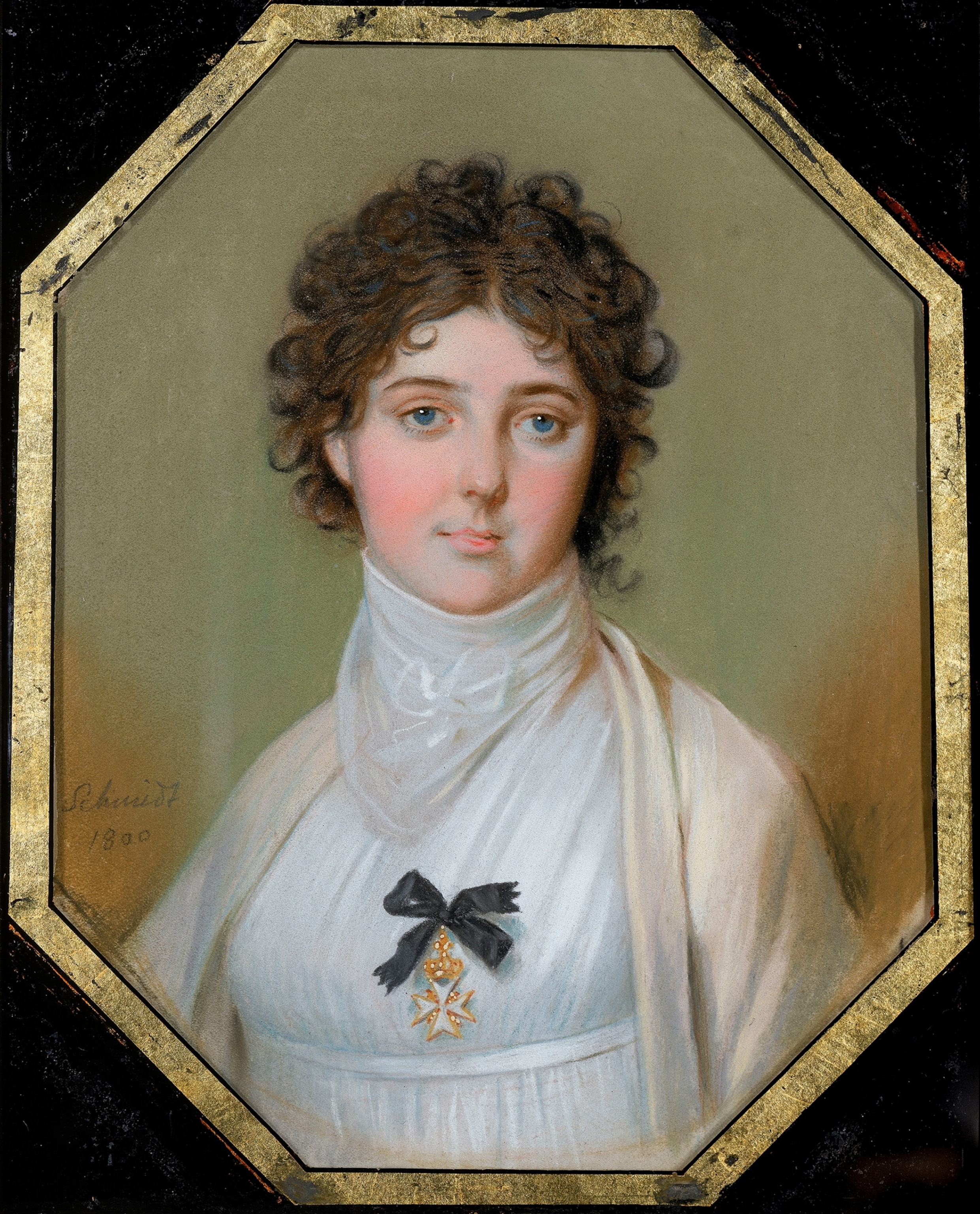 A painted portrait of a young woman in white with a black bow