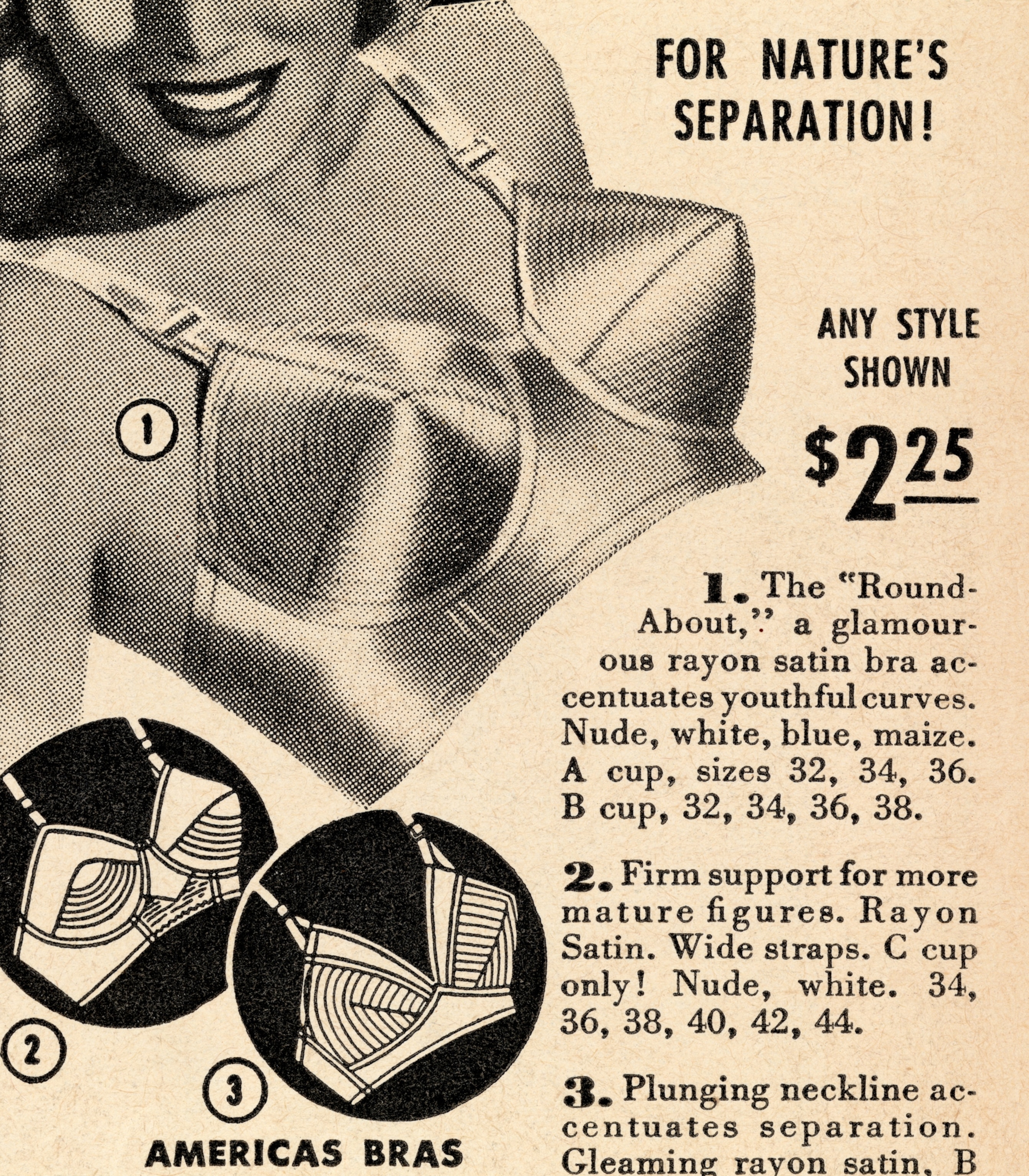 Vintage advertisement for bras featuring a black-and-white image of a woman wearing a bra with cone-shaped cups.