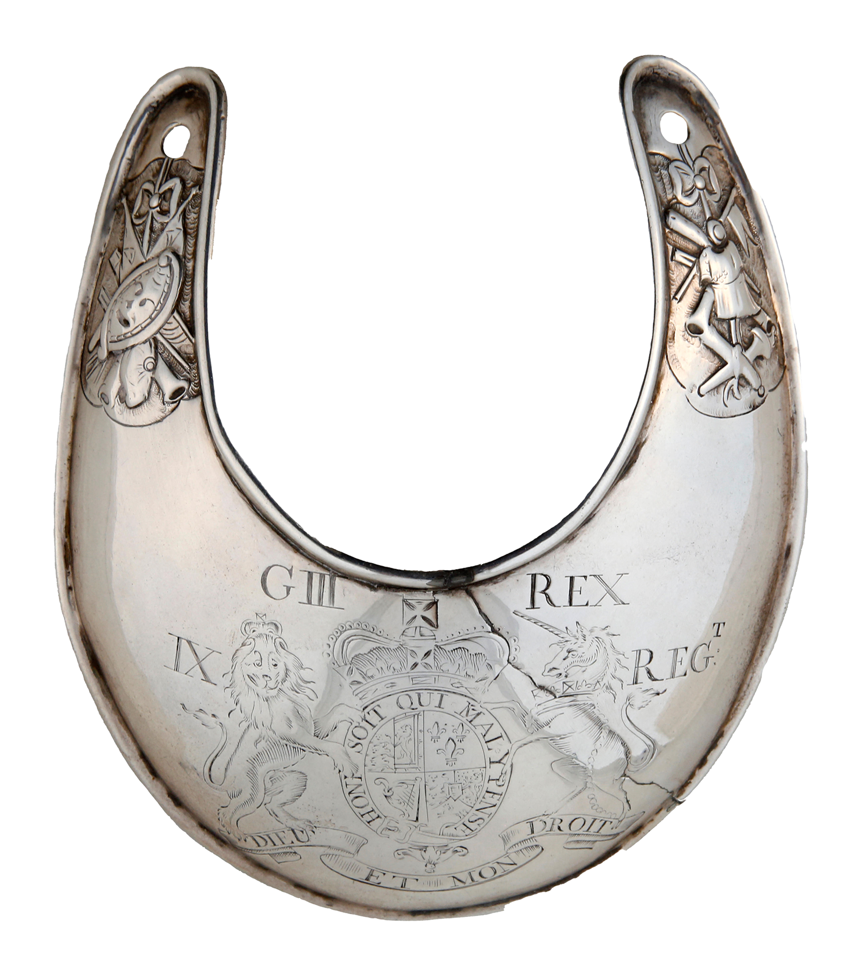 Silver engraved British Officer's Gorget circa 1776 inscribed to the 9th Regiment of Foot which participated in the Saratoga Campaign of 1777
