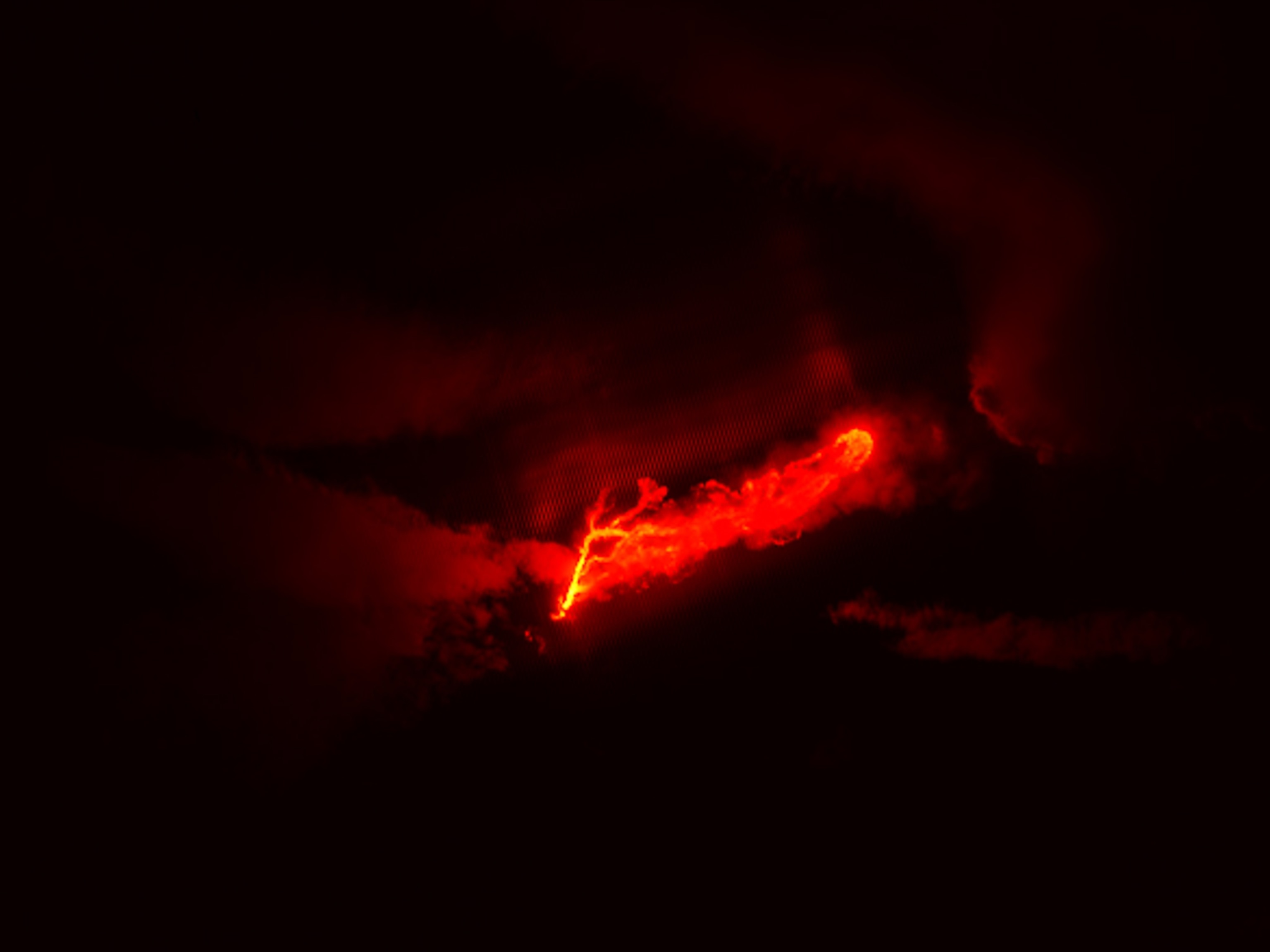 An infrared photo of the Bardabunga volcano erupting in Iceland at night.