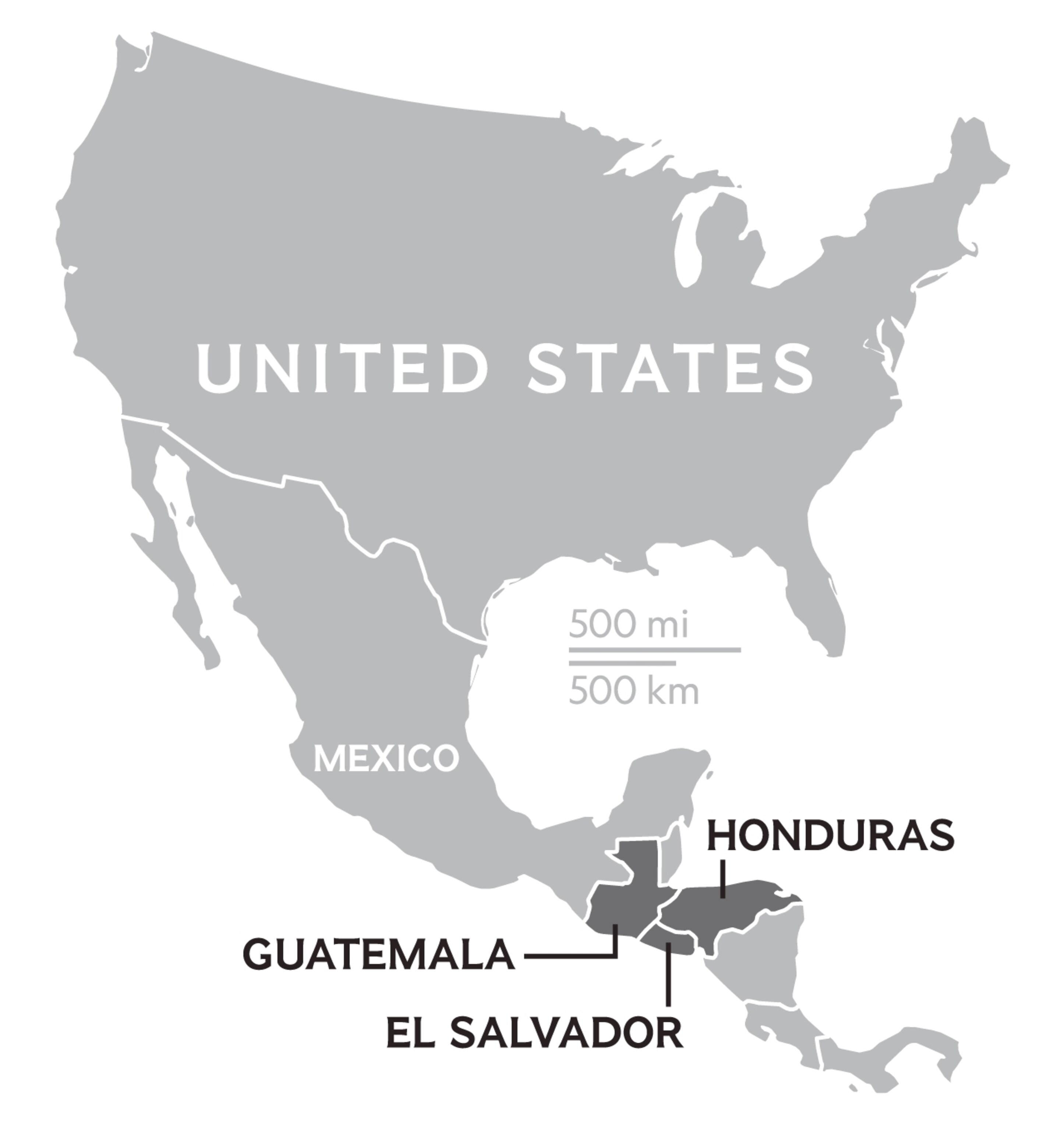 map of north and central america highlighting honduras, guatemala, and el salvador