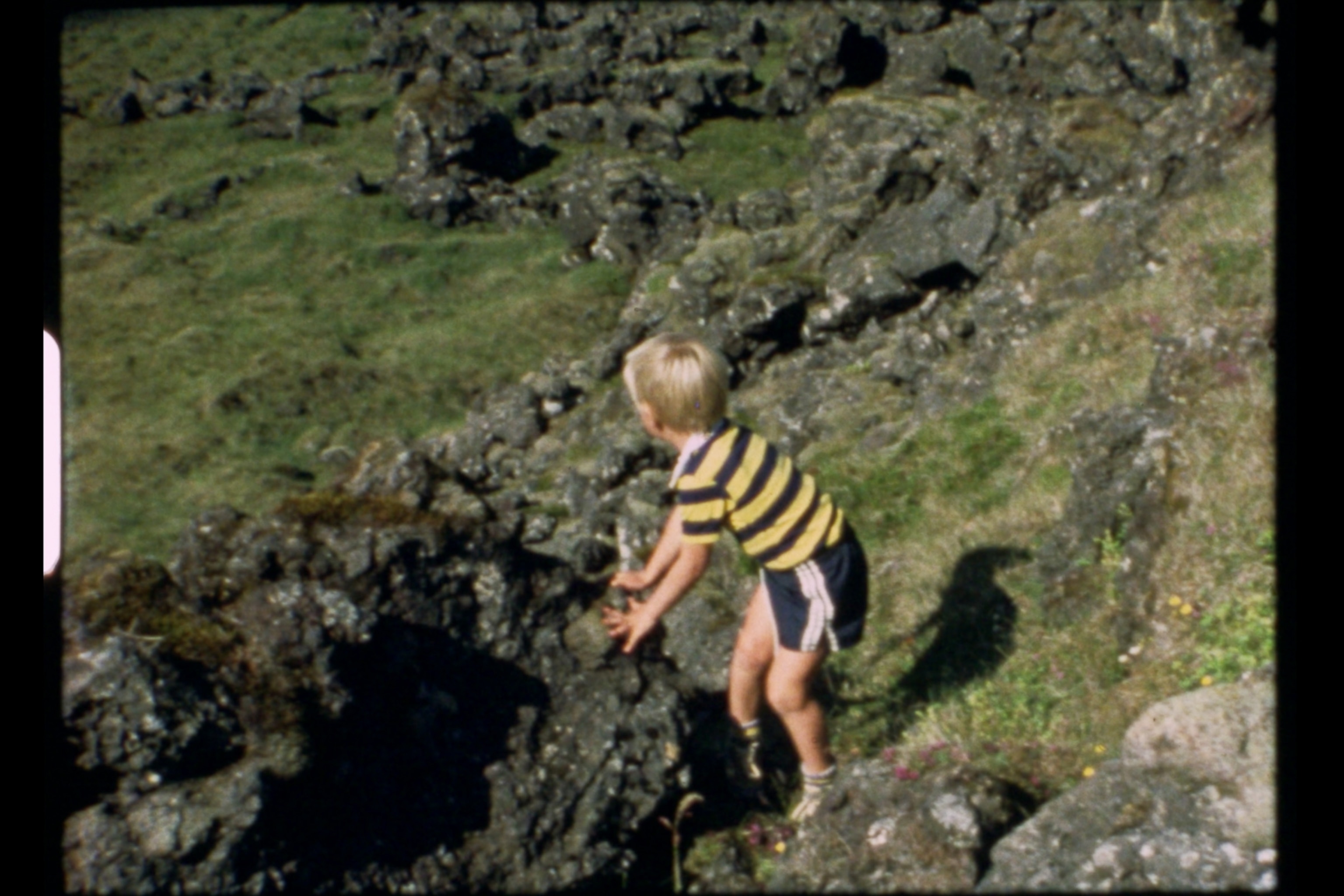 A young boy in a yellow and blue striped shirt and blue shorts scrambling over rocks on a grassy slope